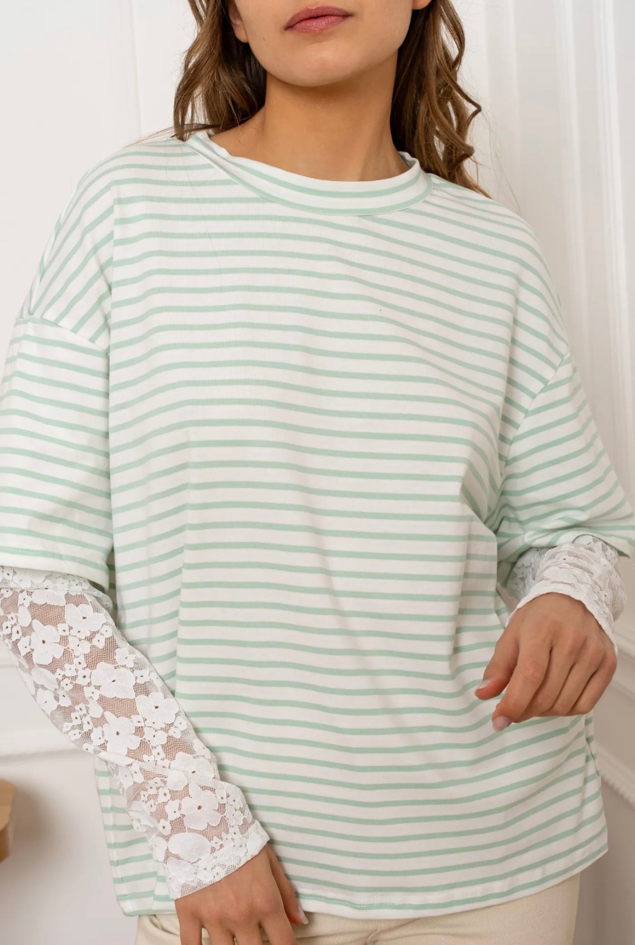 Lila Sage Green Striped Lace Detail Top
