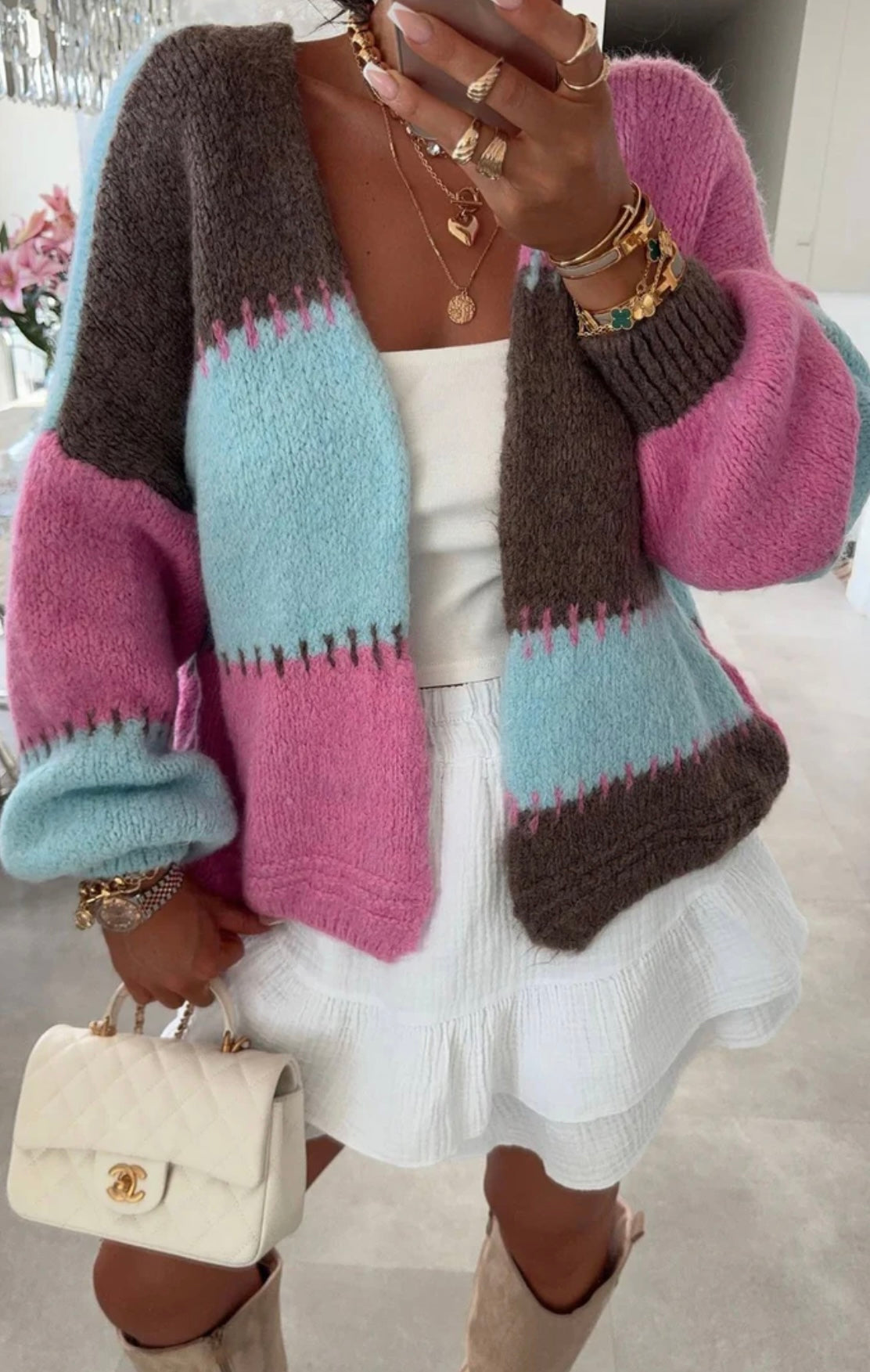 Pink Colour Block Cardigan