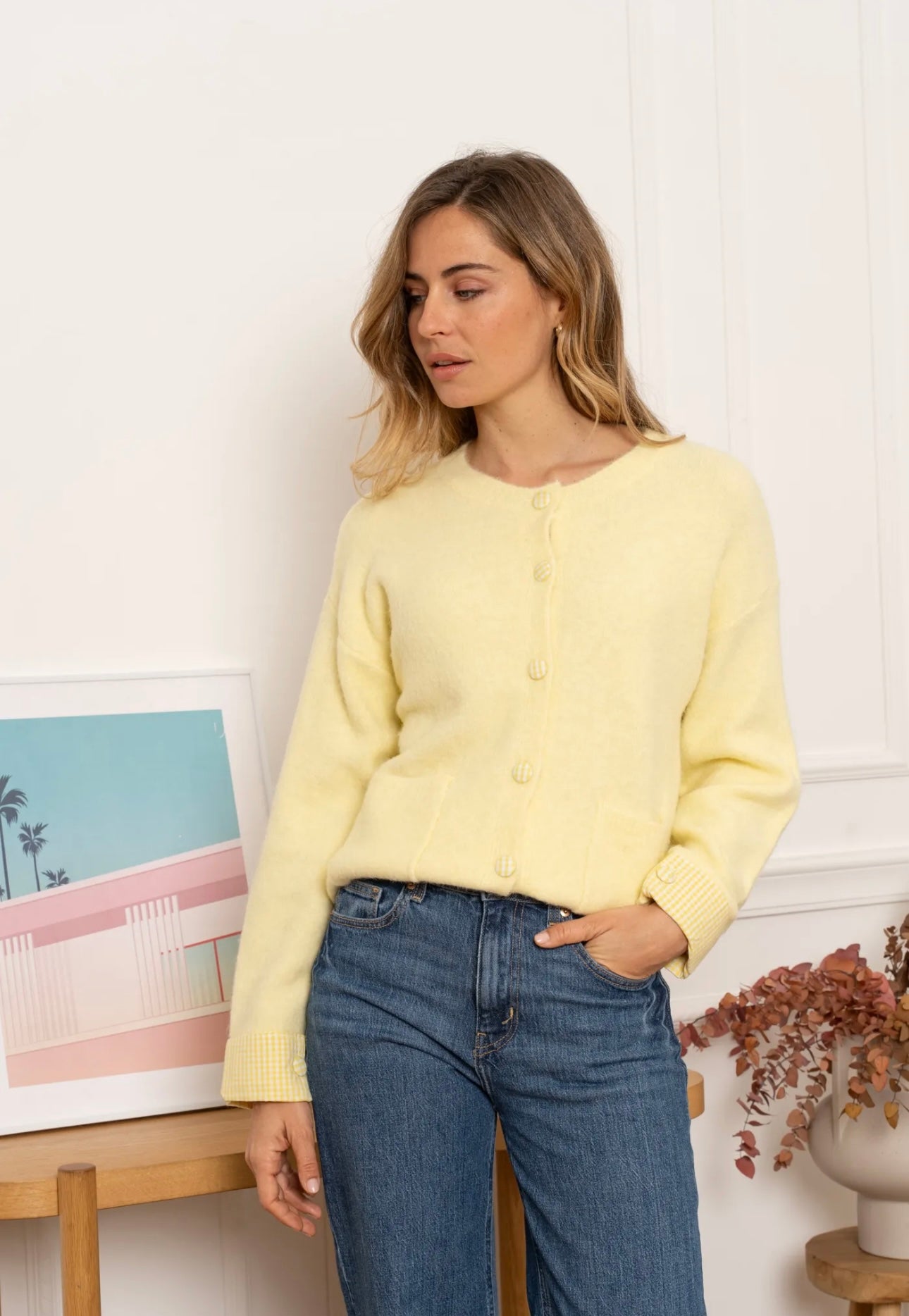 Faith Lemon Cardigan With Checked Detail