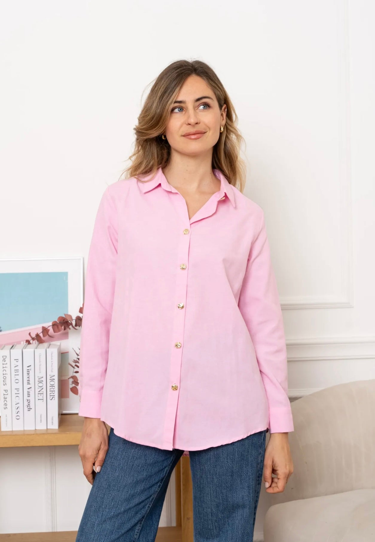 Pink Shirt With Gold Button Appliqué