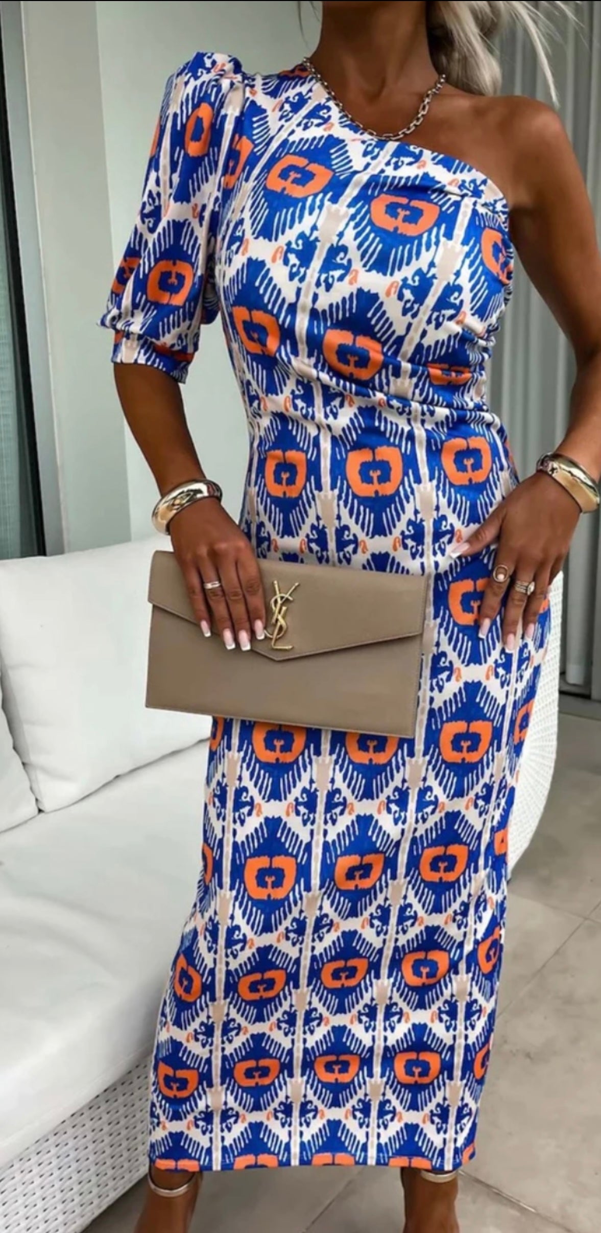 Charlotte Blue & Orange Aztec Print Midi Dress