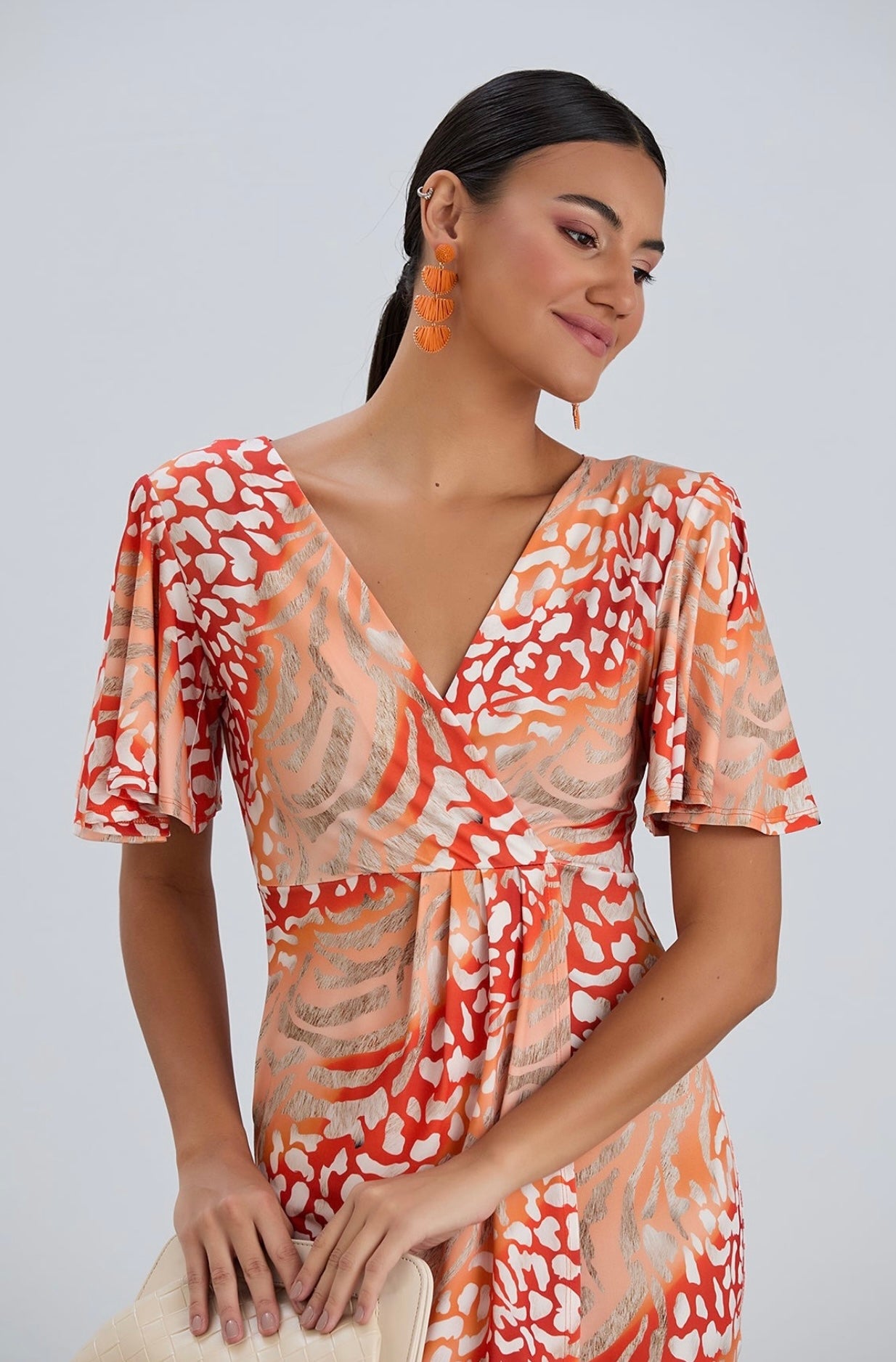 Kim Orange Leopard Print Wrap Midi Dress
