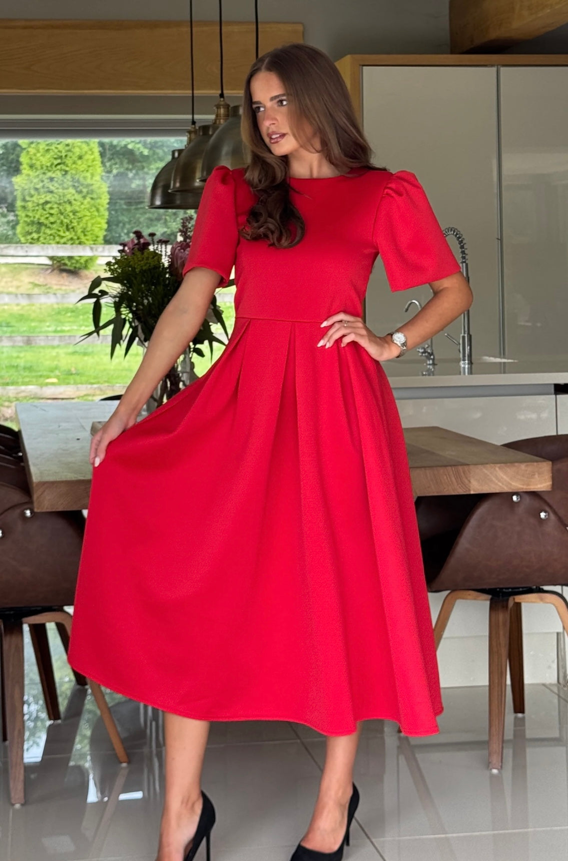 Elowin Red Statement Sleeve Midi Dress