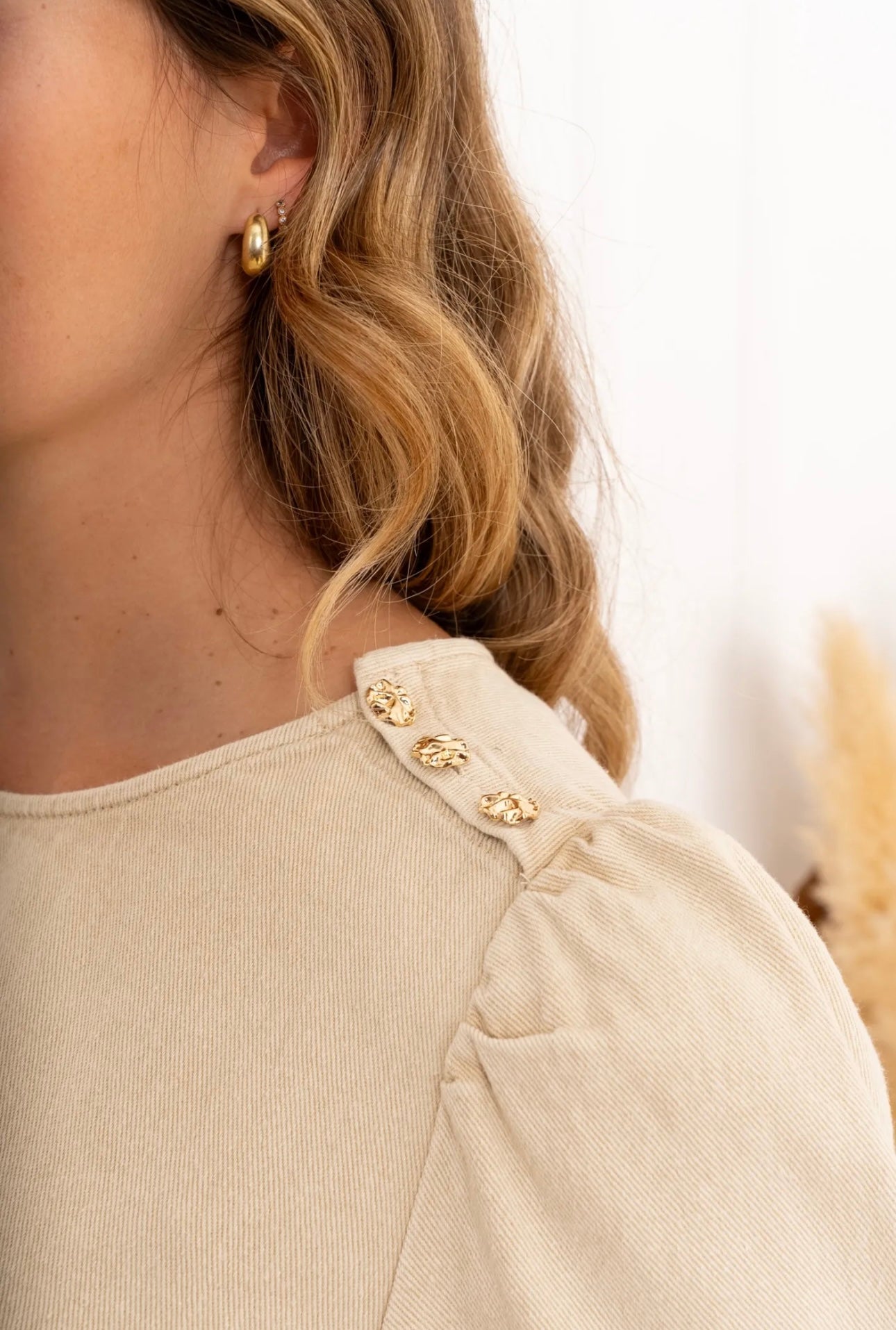Beige Denim Dress With Gold Button Detail