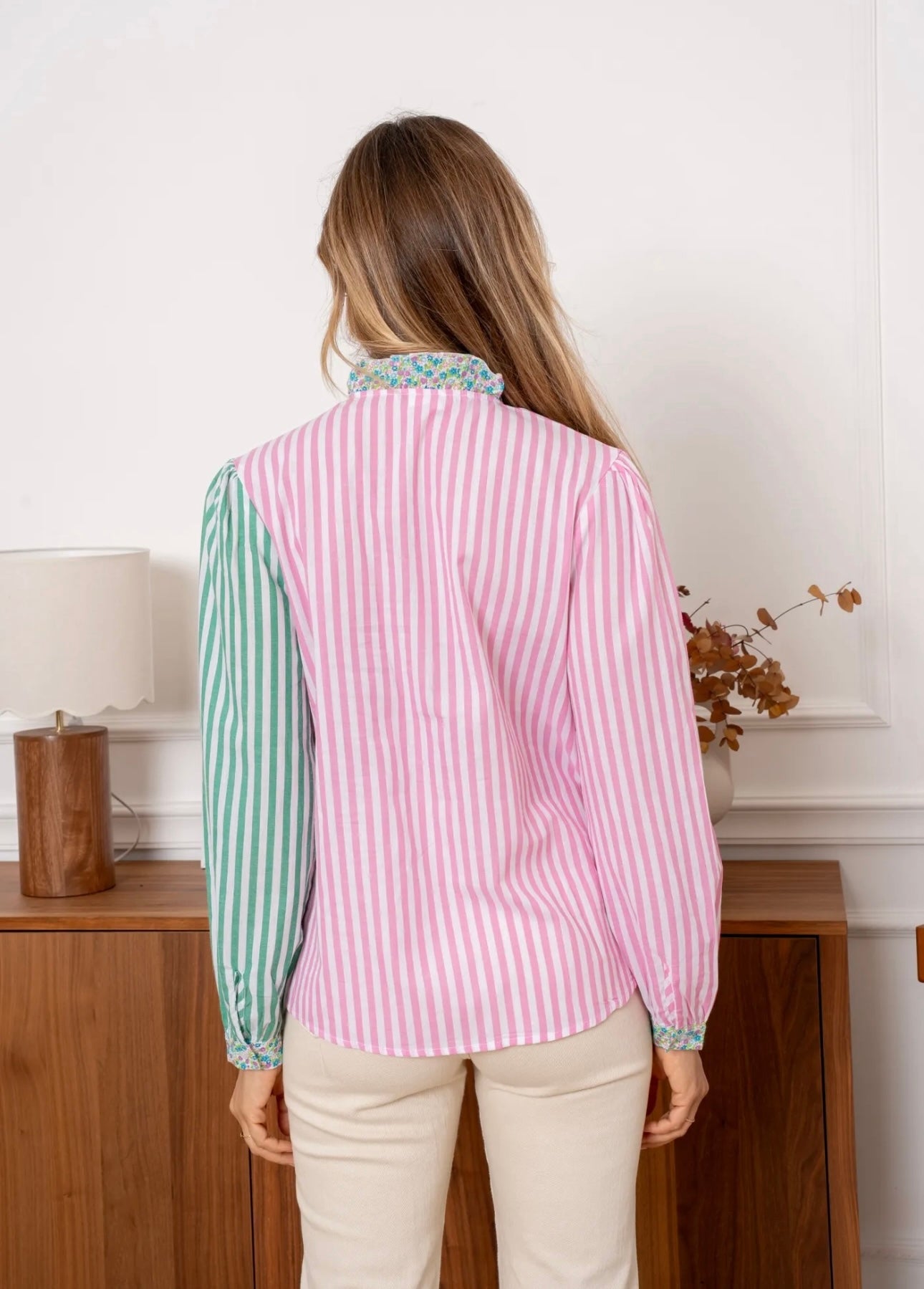 Michelle Fushia Pink & Green Striped Shirt