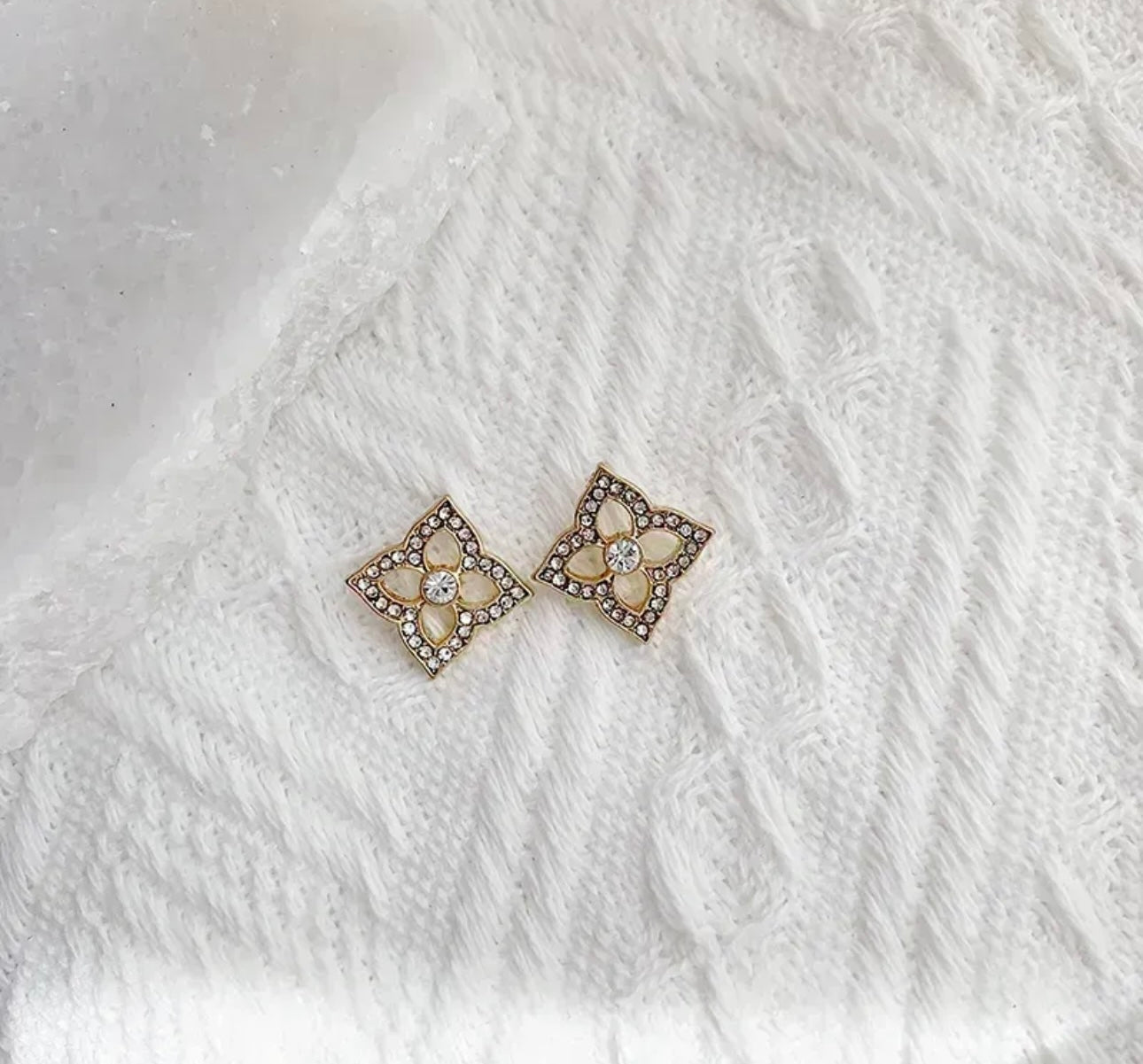 Flower Diamanté Earring Studs In Gold