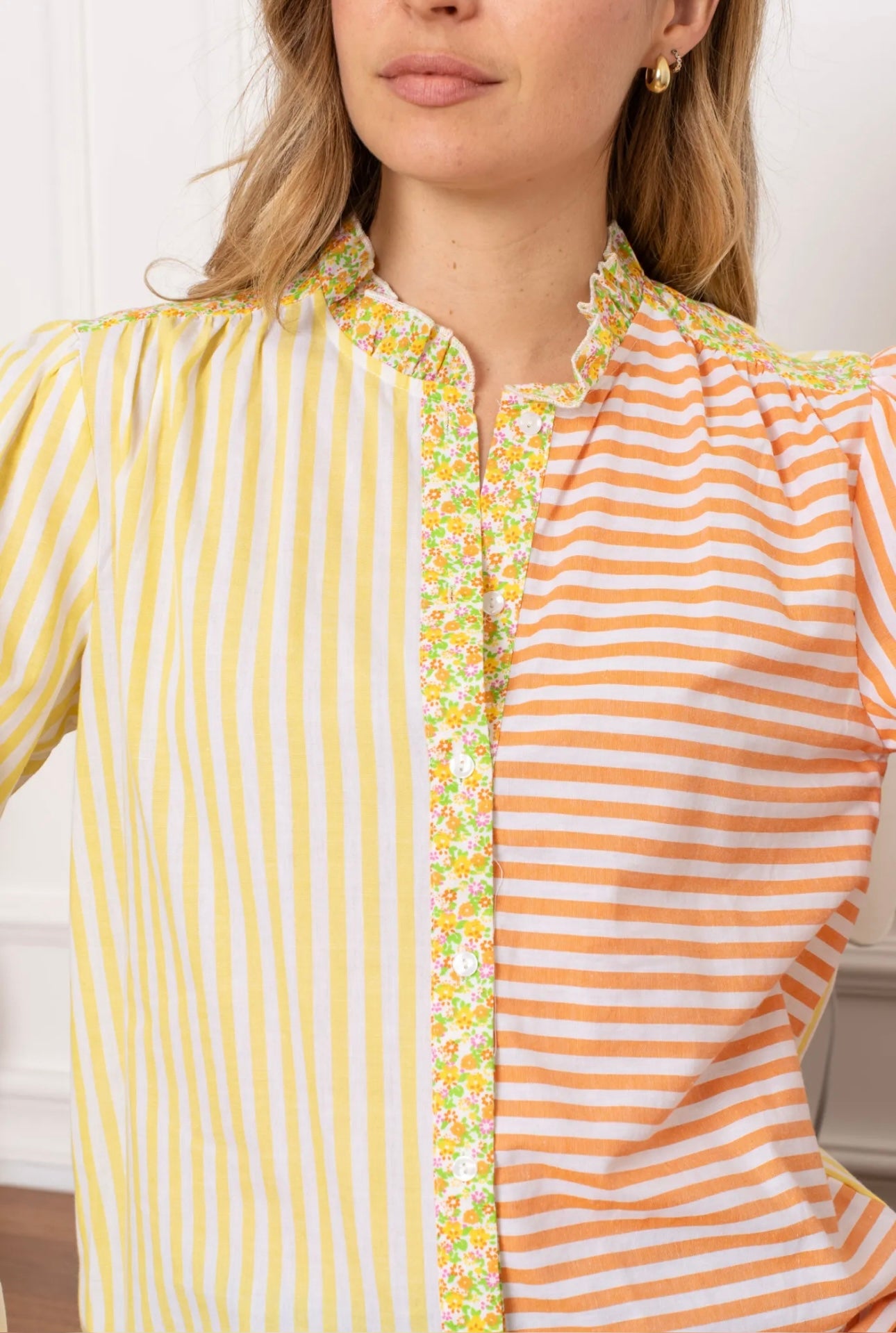 Michelle Lemon & Orange Floral Striped Shirt (size 8,10,12)