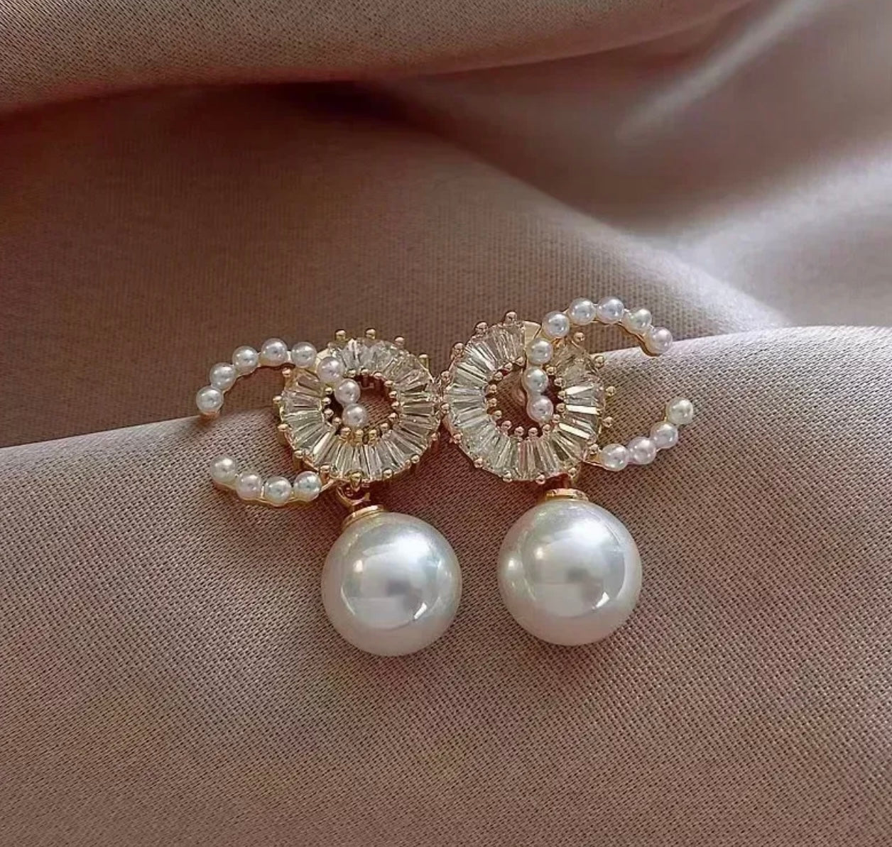 Pearl & Gold Diamanté Drop Occasion Earrings