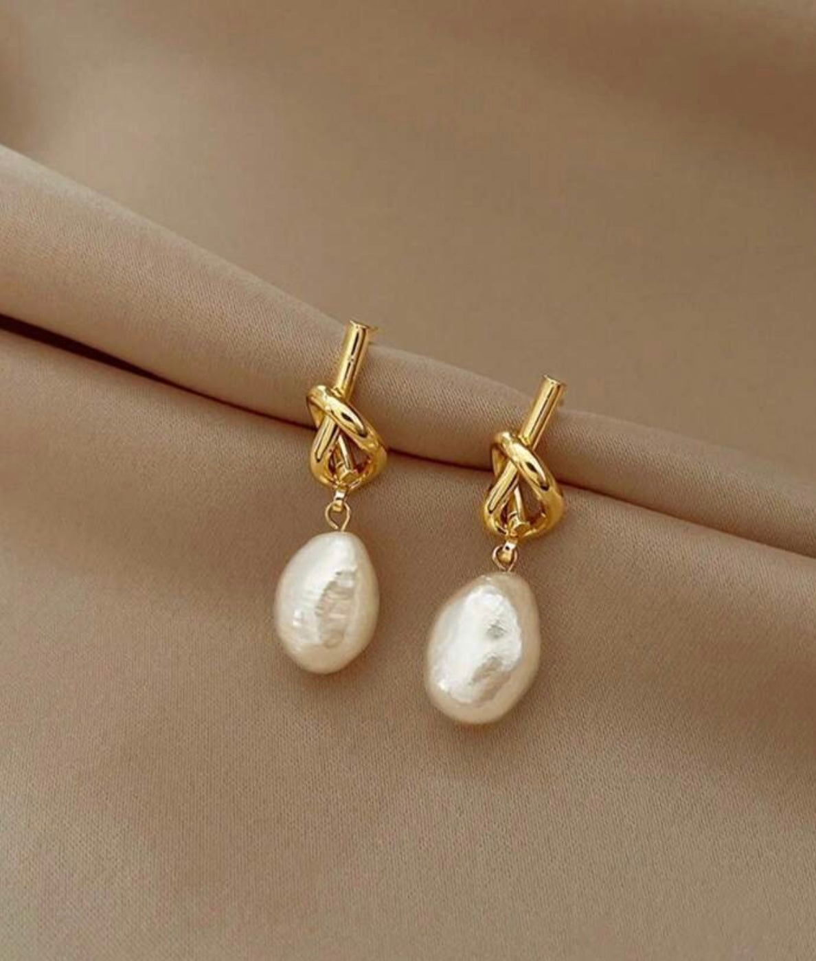 Gold Pearl Twist Knot Earrings