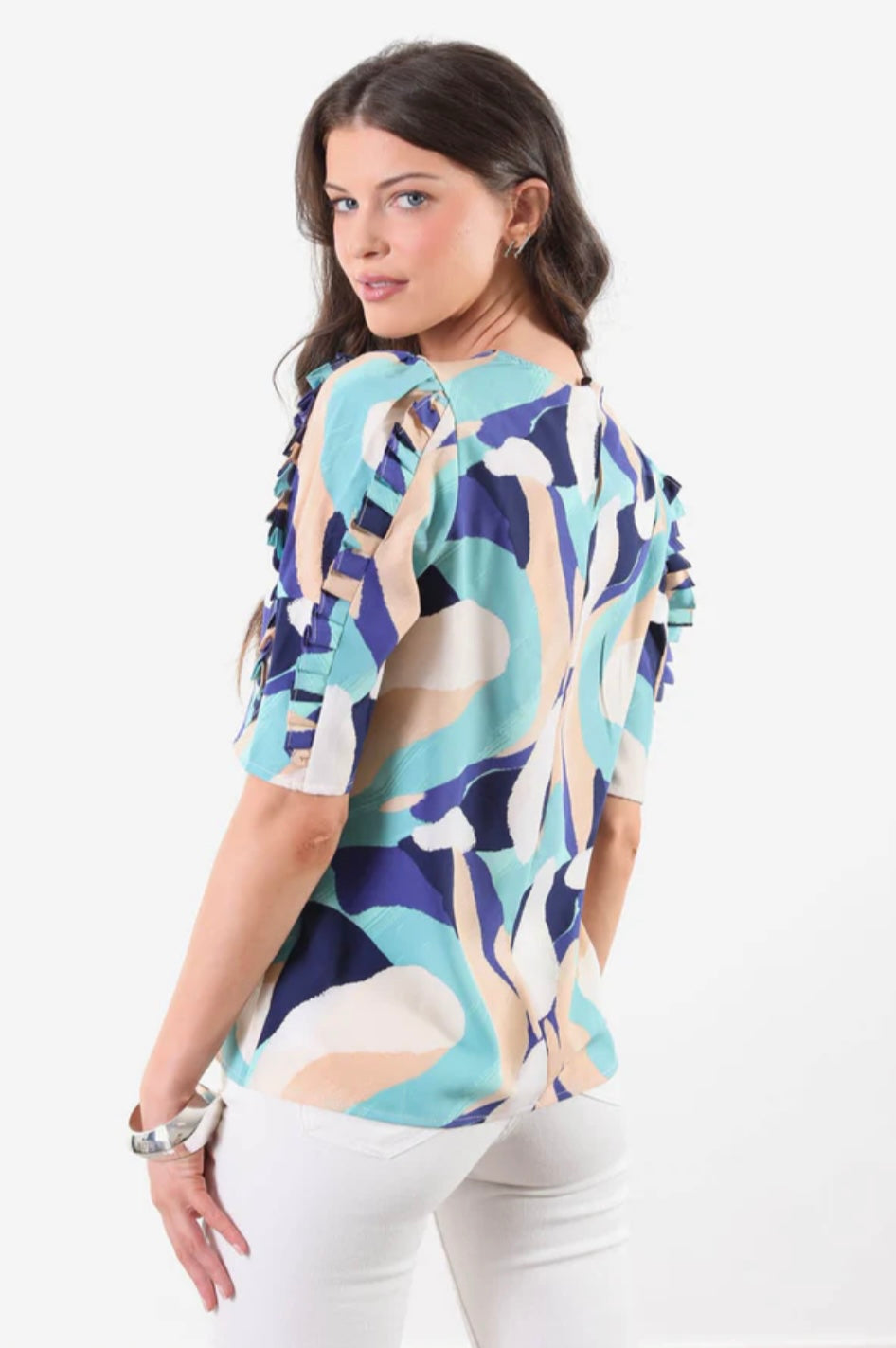 Leah Navy & Mint Half Sleeve Top with Frill Trim