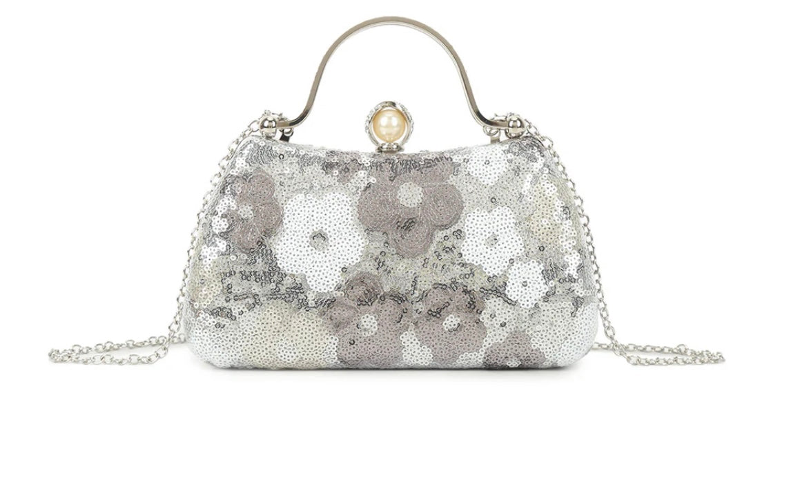 Silver Diamanté Handle Floral Sequin Bag