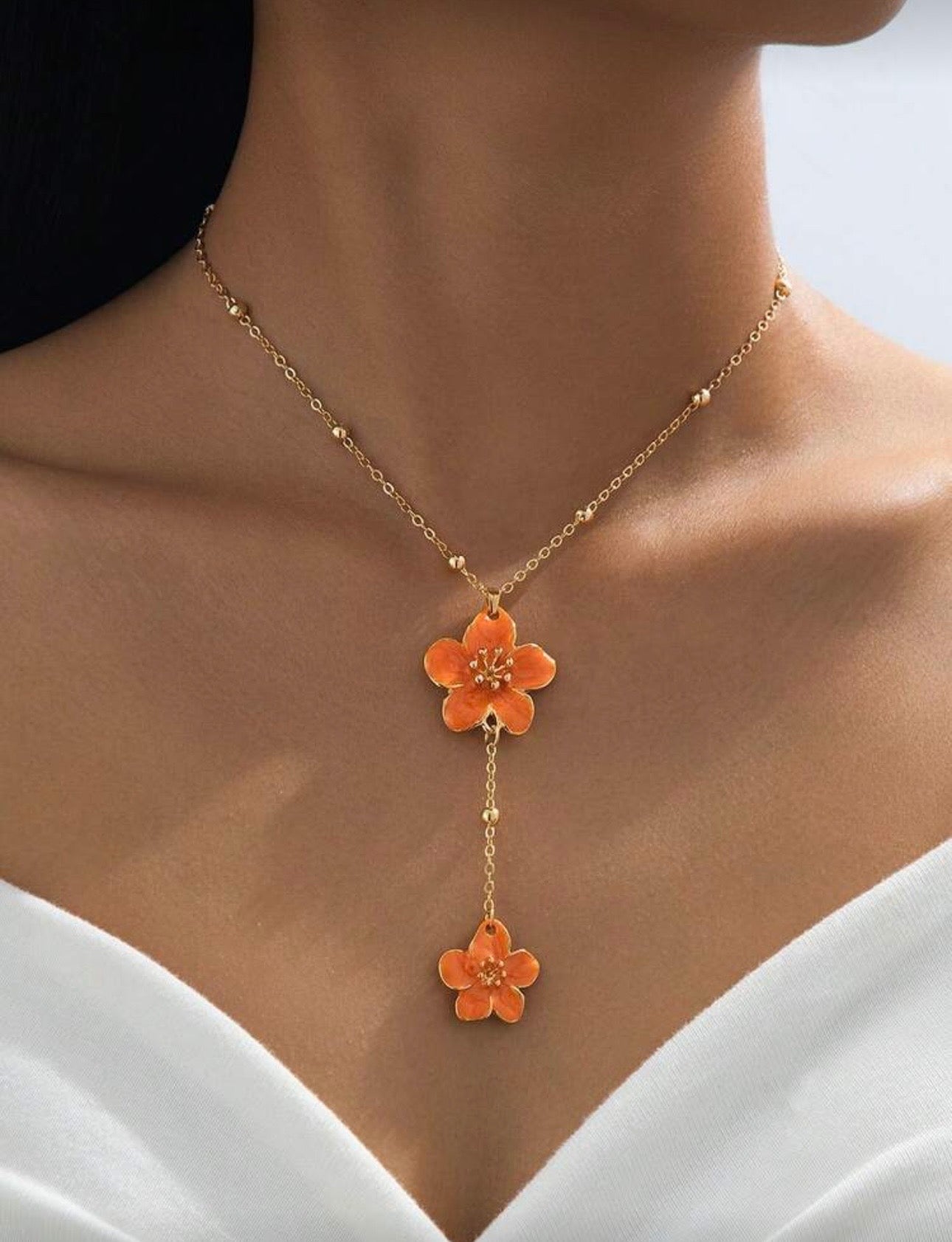2 Tier Orange Floral Pendant Necklace