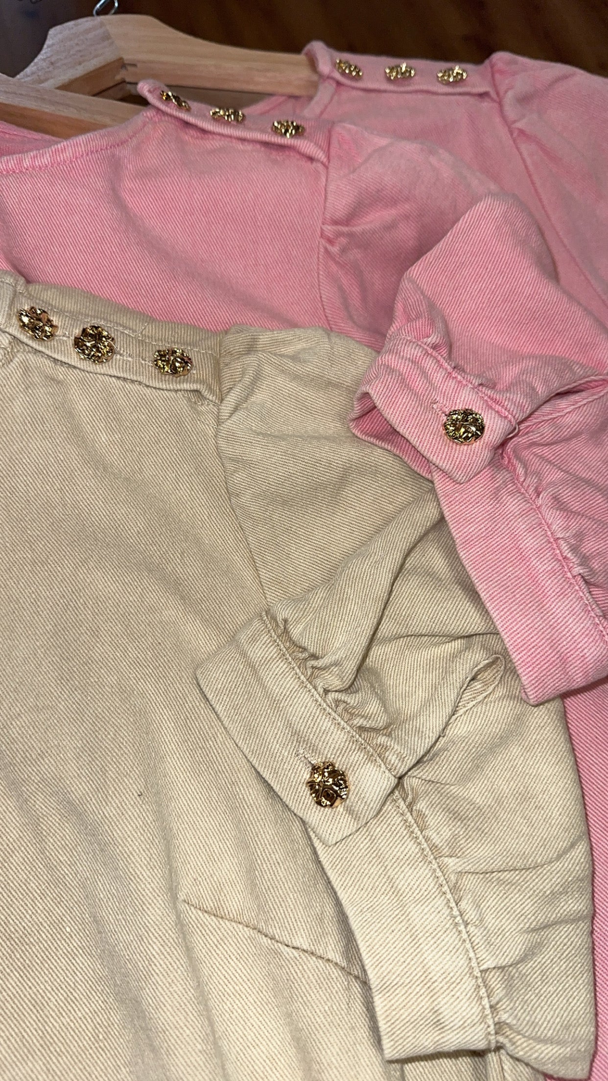Beige Denim Dress With Gold Button Detail