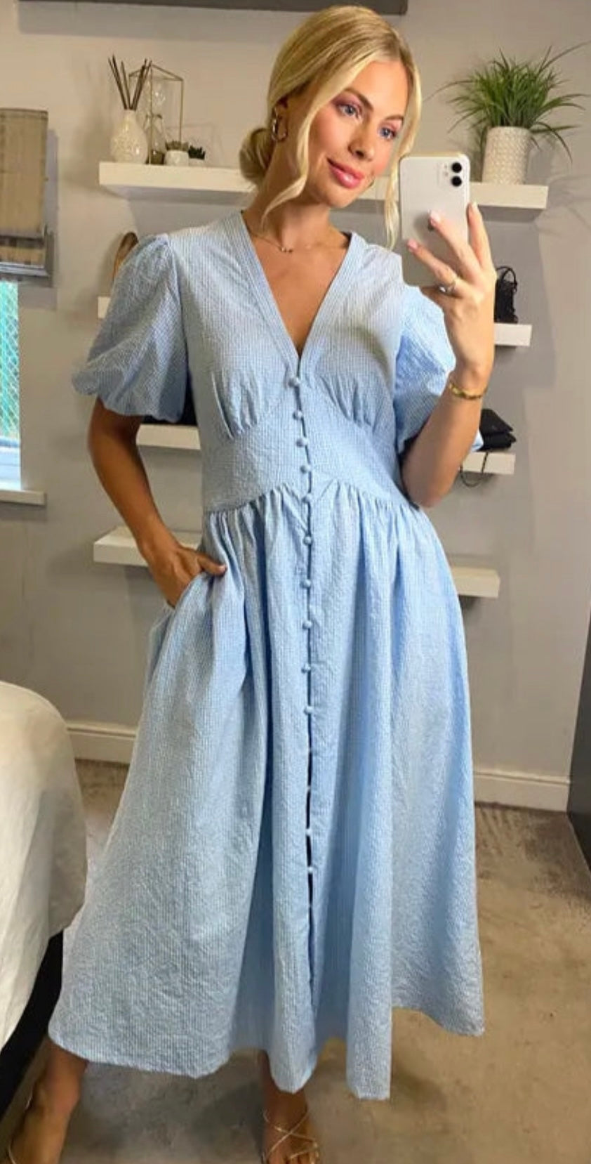 Karly Light Blue Checked Midi Dress (size 8-10)