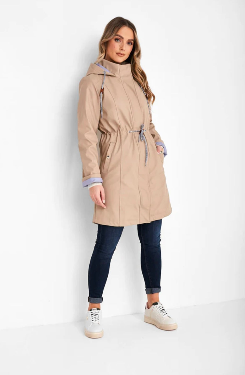 Striped longline Raincoat In Stone