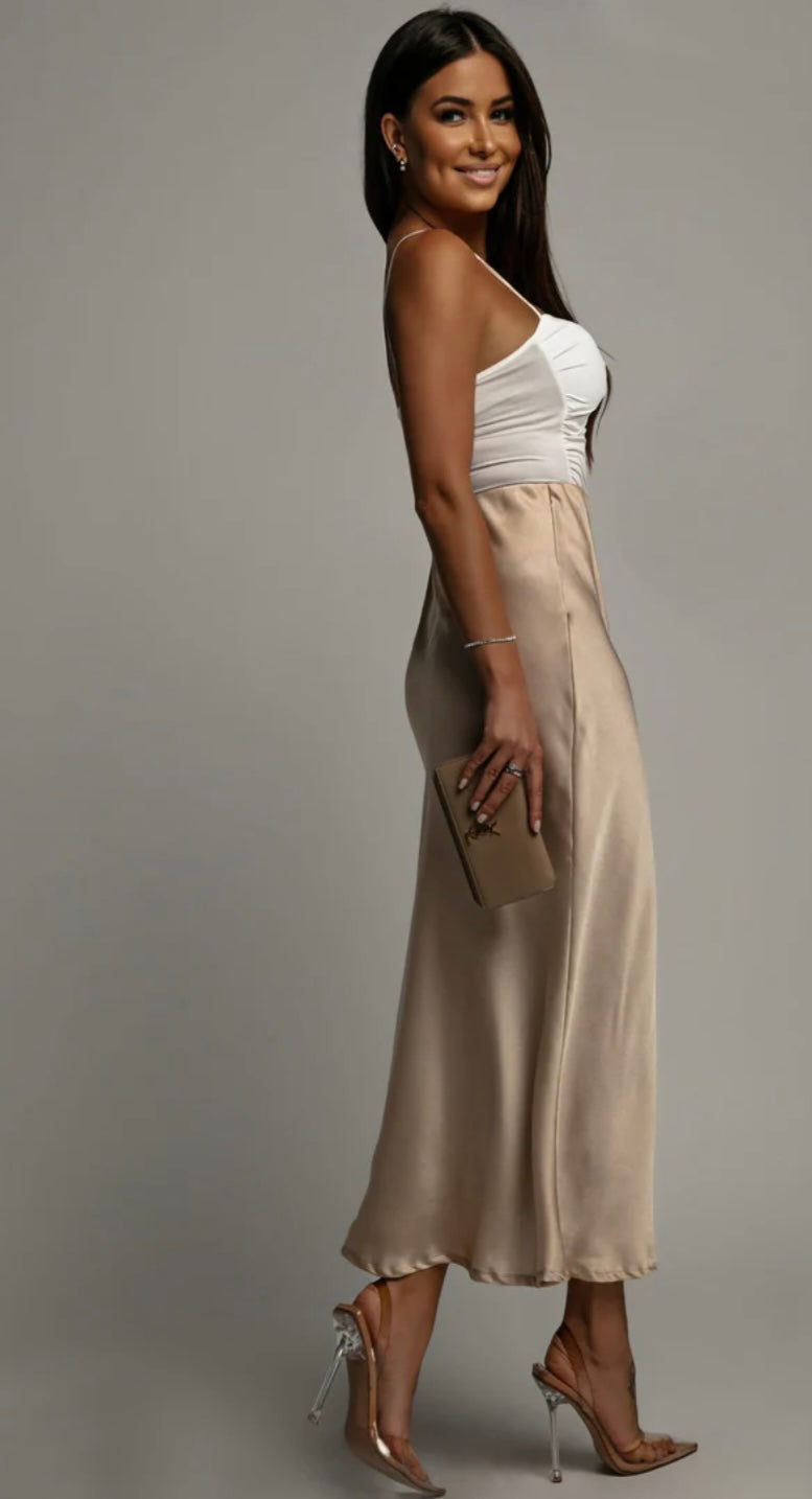 Lucia Satin Midi Skirt Stone