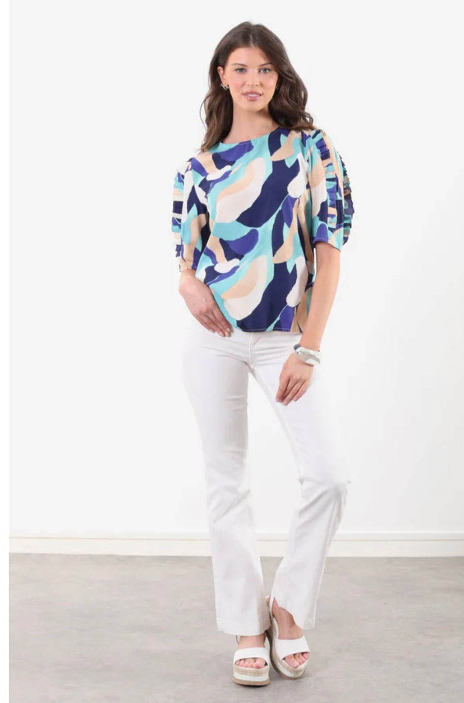 Leah Navy & Mint Half Sleeve Top with Frill Trim