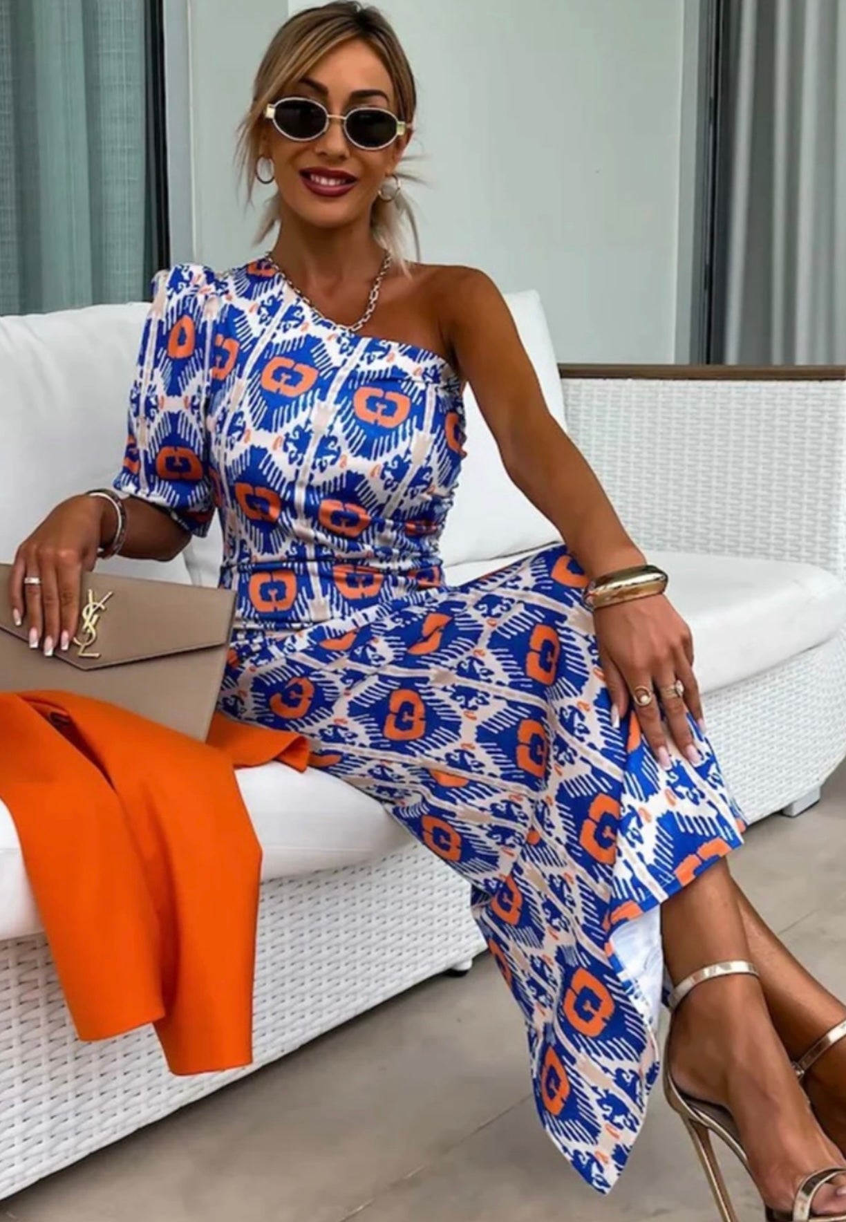 Charlotte Blue & Orange Aztec Print Midi Dress