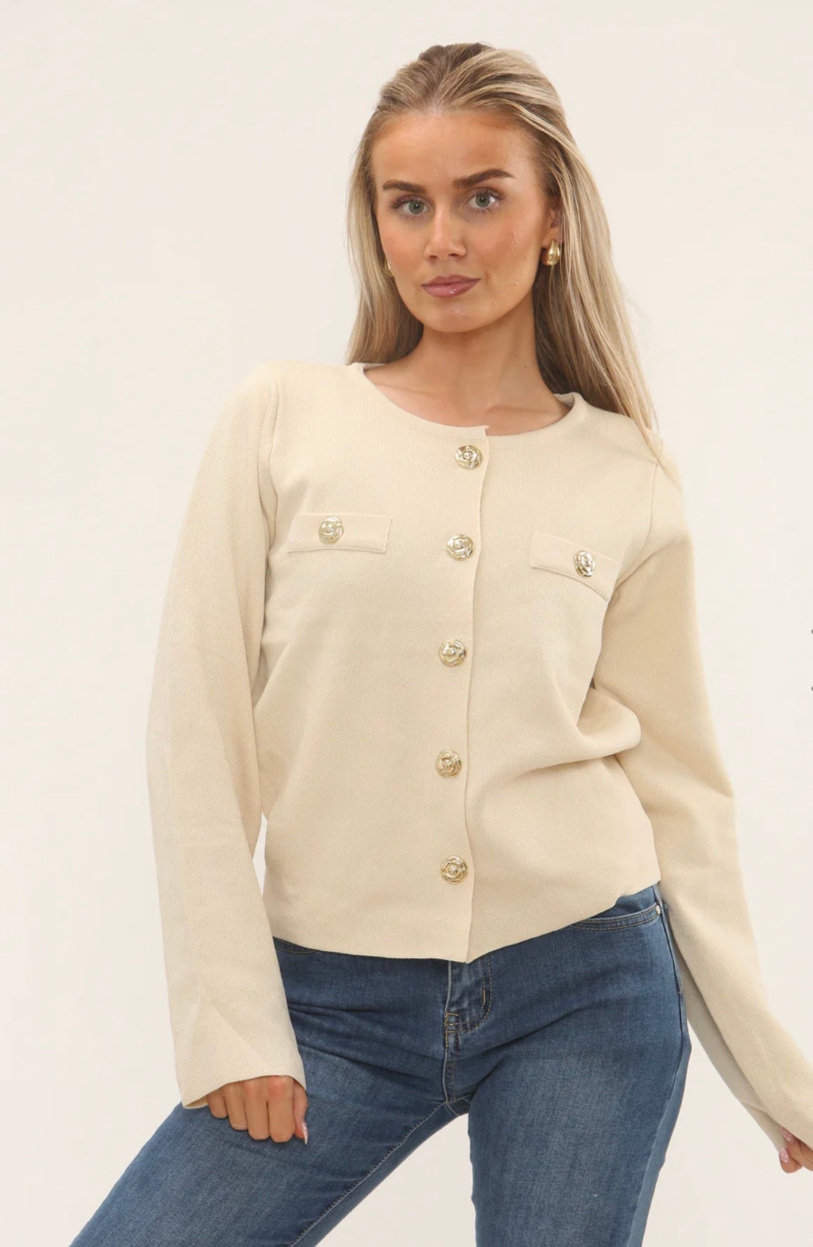 Cream Cardigan With Gold Statement Buttons