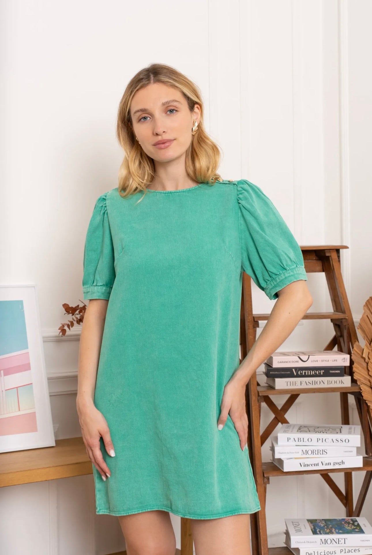 Green Denim Dress With Gold Button Detail