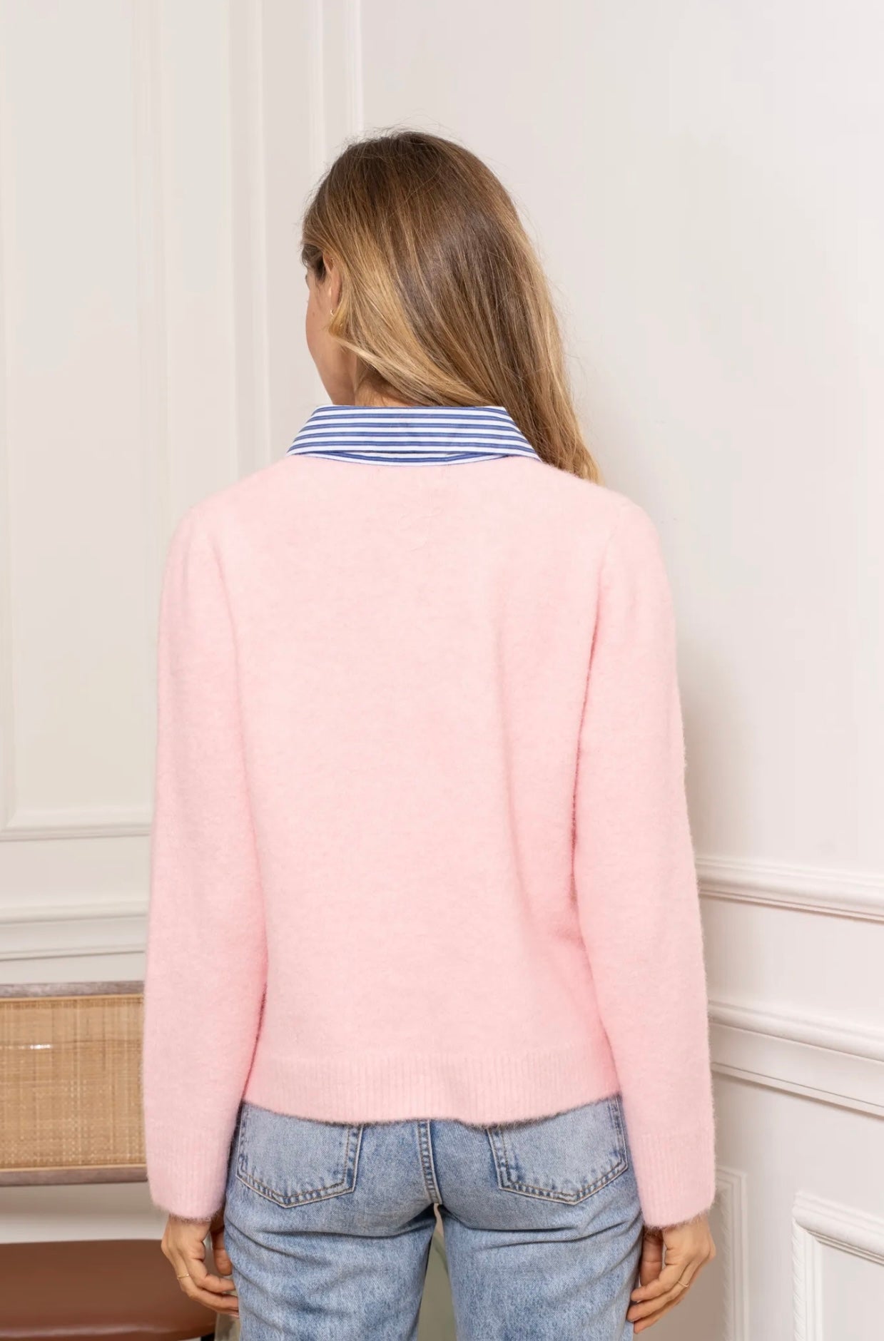 Meg Cardigan Pink With False Striped Collar