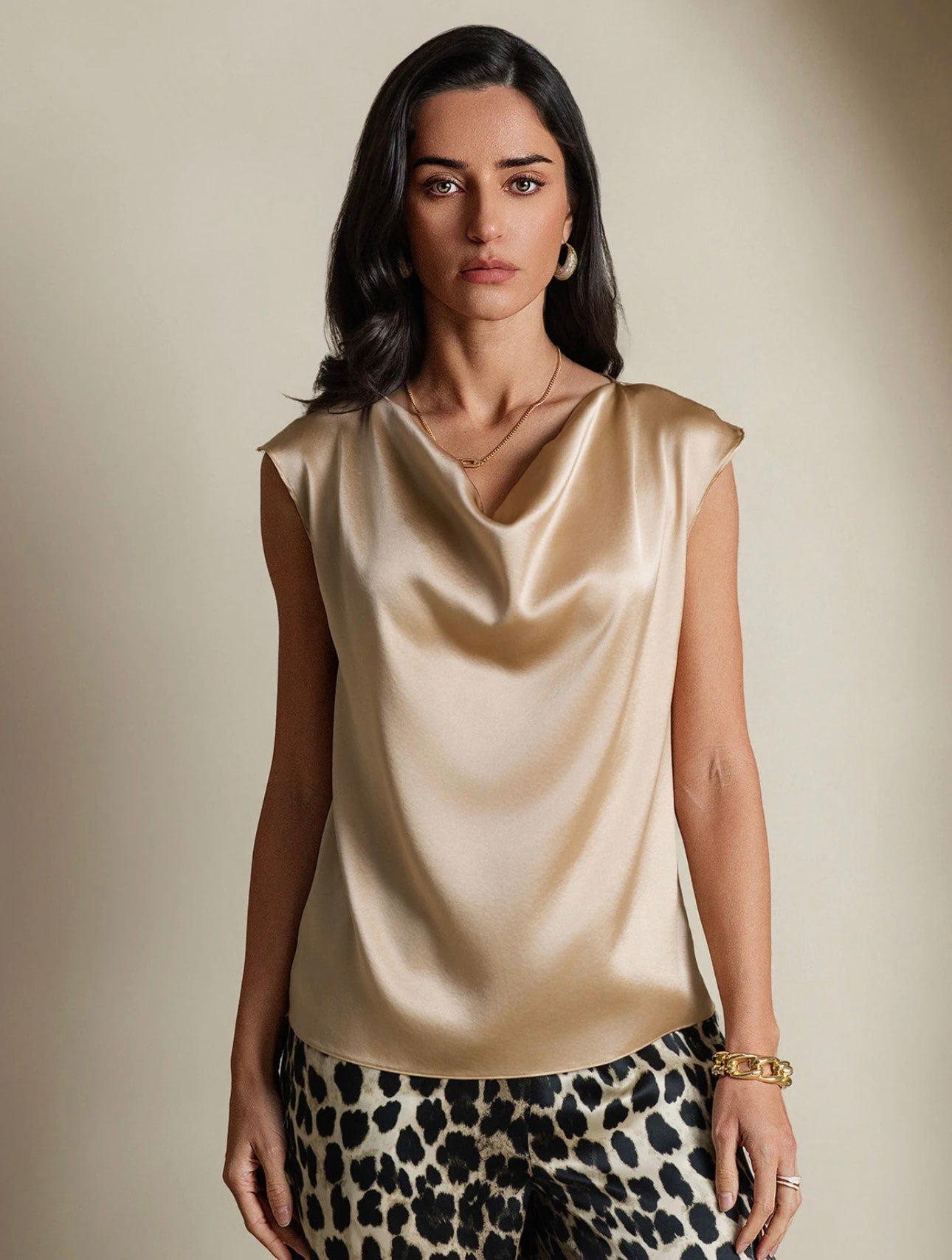 Kerrie Champagne Satin Cowl Neck Top