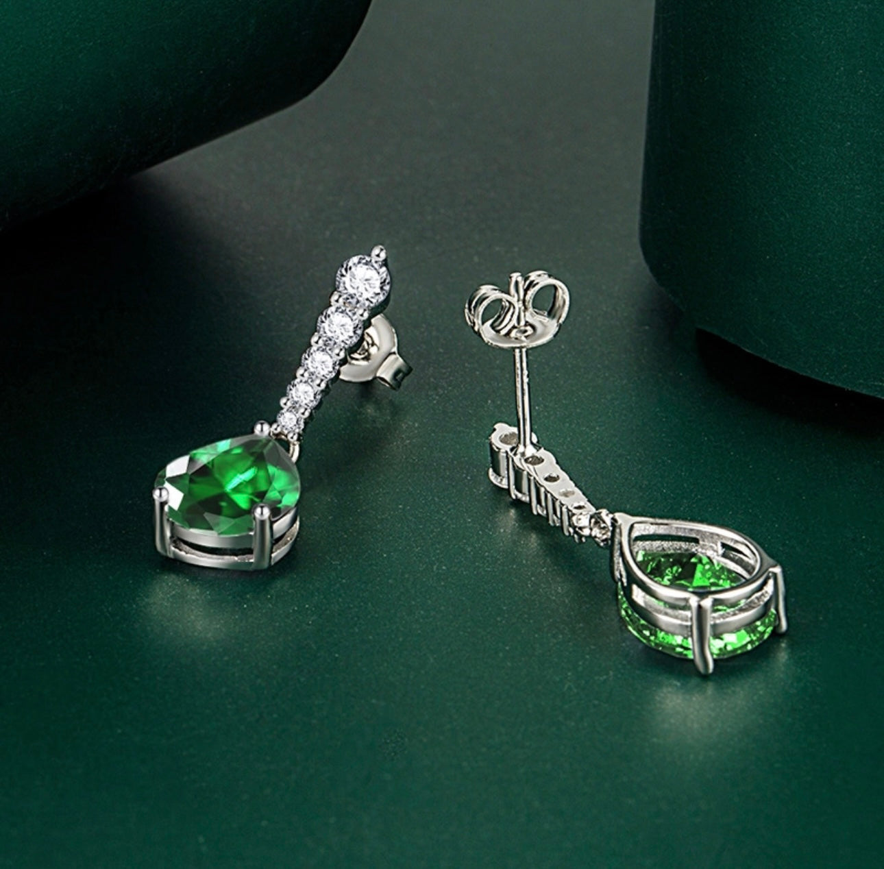 Sterling 925 Teardrop Emerald Diamanté Earrings