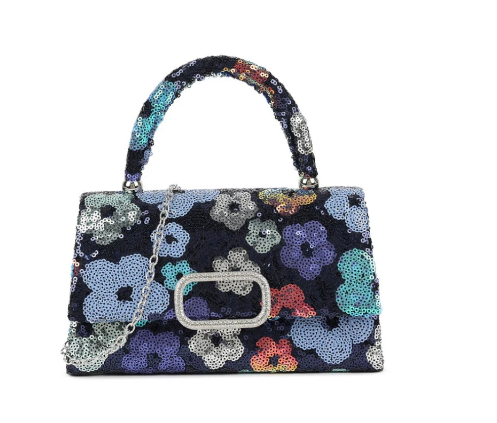 Navy Square Floral Sequin Bag