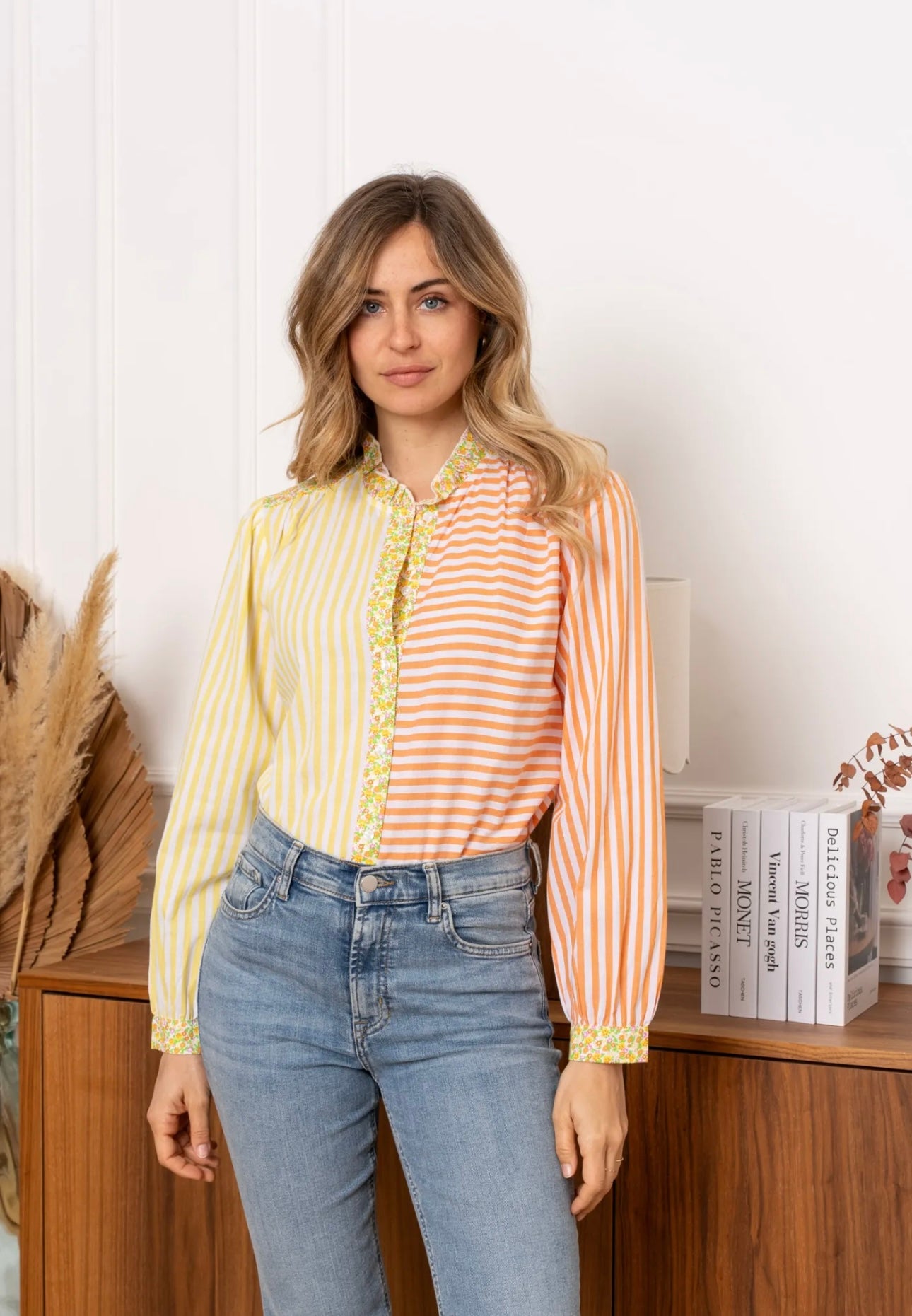 Michelle Lemon & Orange Floral Striped Shirt (size 8,10,12)
