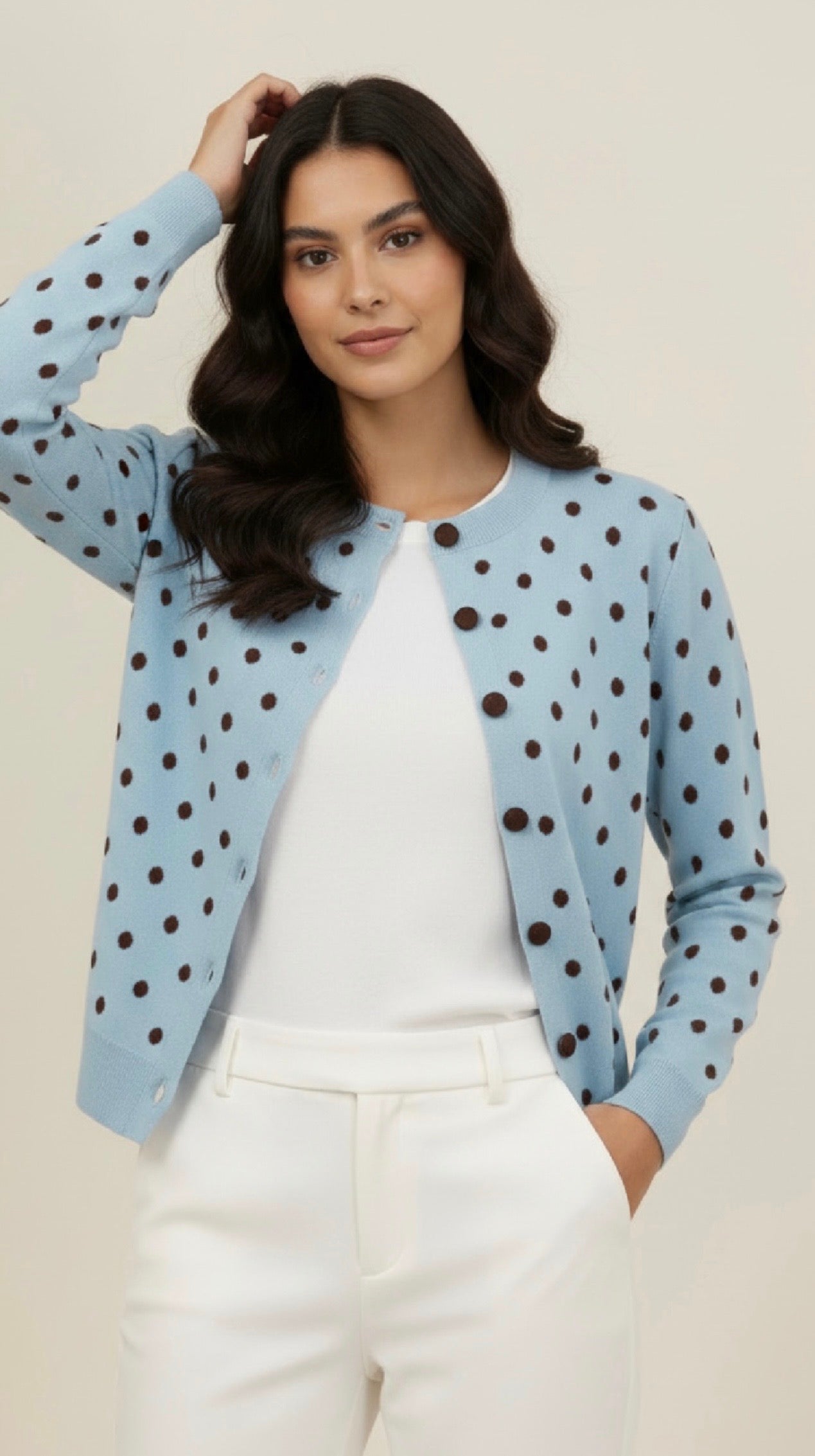 Ava Blue & Brown Polka Dot Cardigan