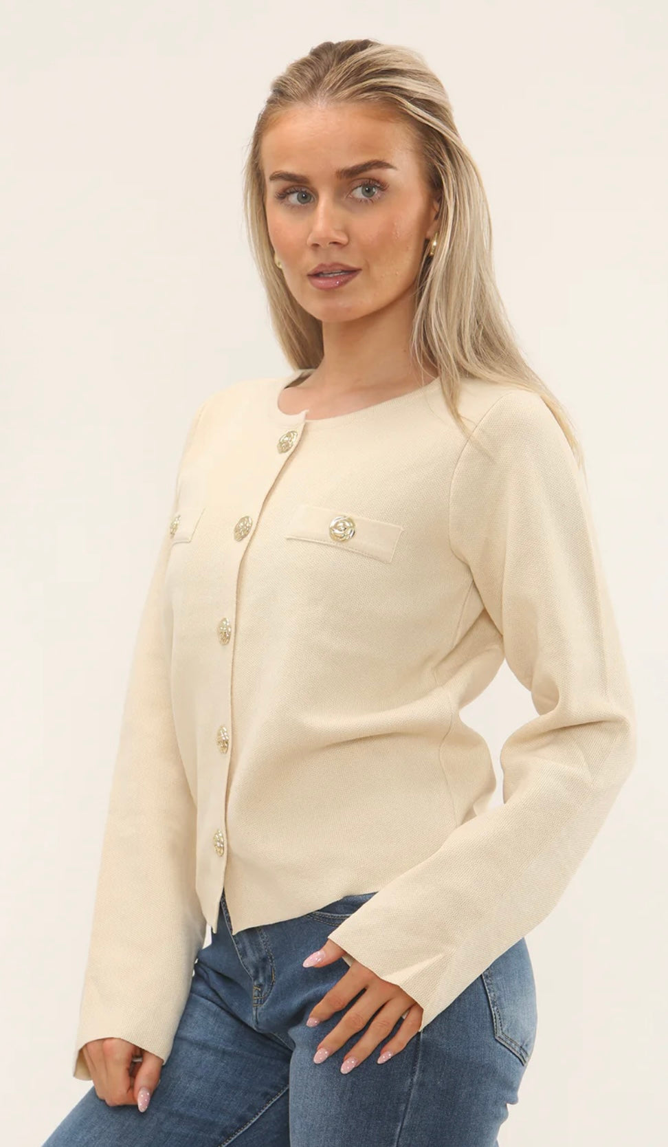 Cream Cardigan With Gold Statement Buttons