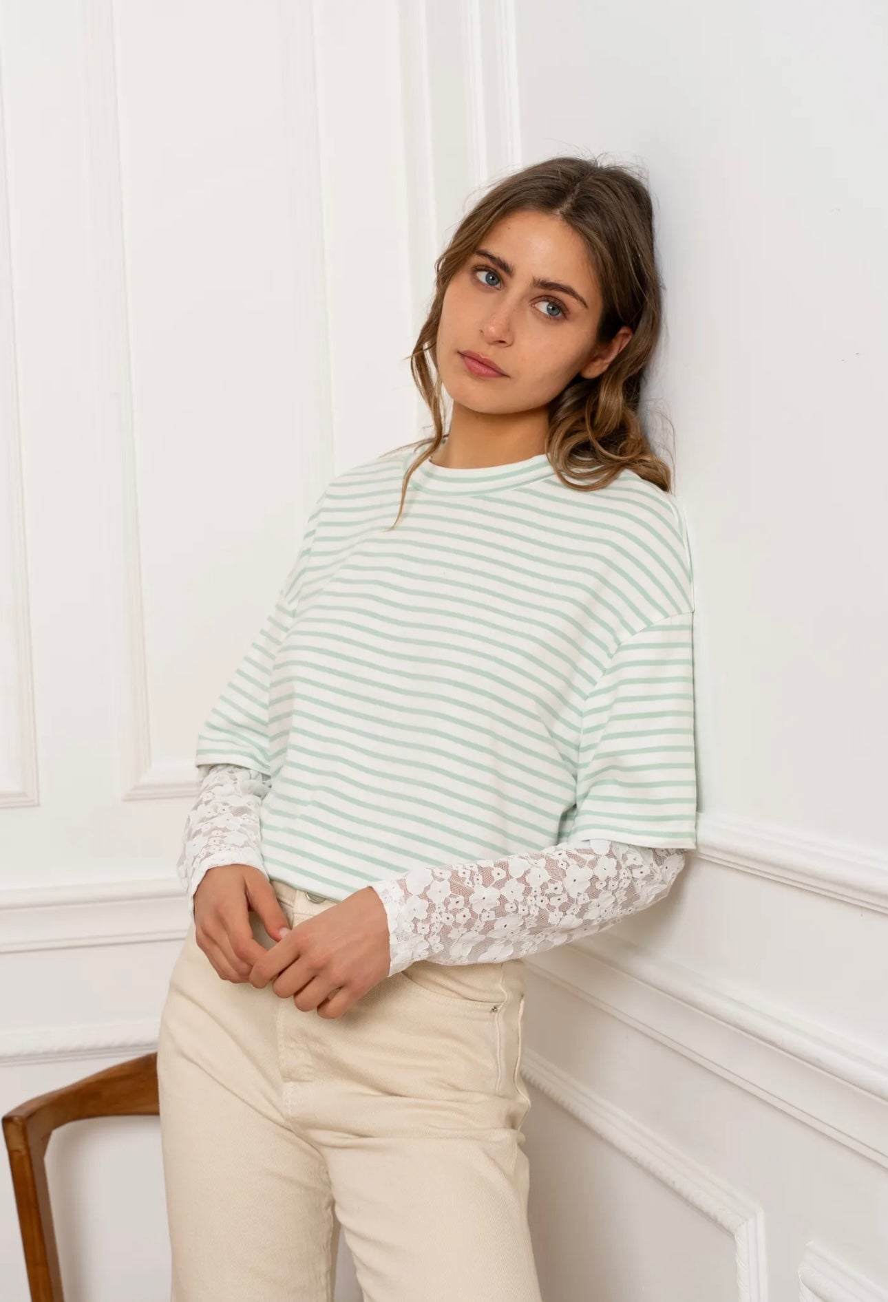 Lila Sage Green Striped Lace Detail Top