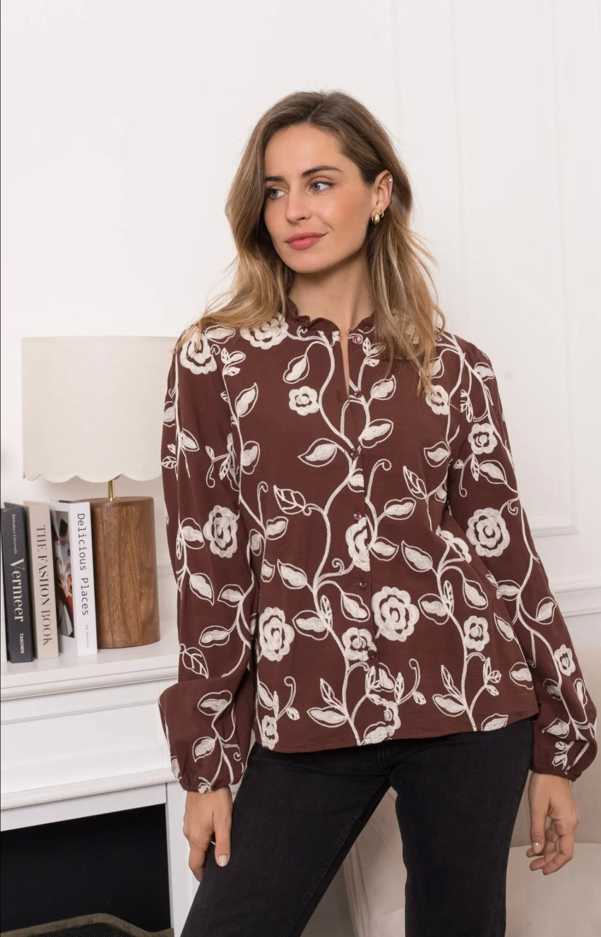 Brown & Cream Floral Motif Blouse