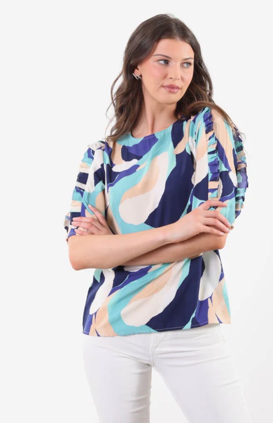 Leah Navy & Mint Half Sleeve Top with Frill Trim