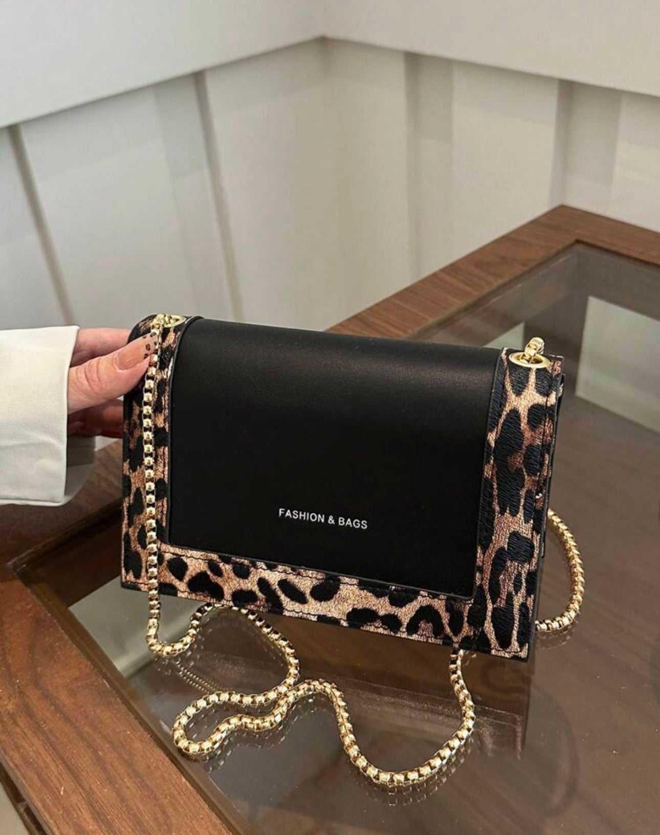 Leopard Print Gold Chain Handbag