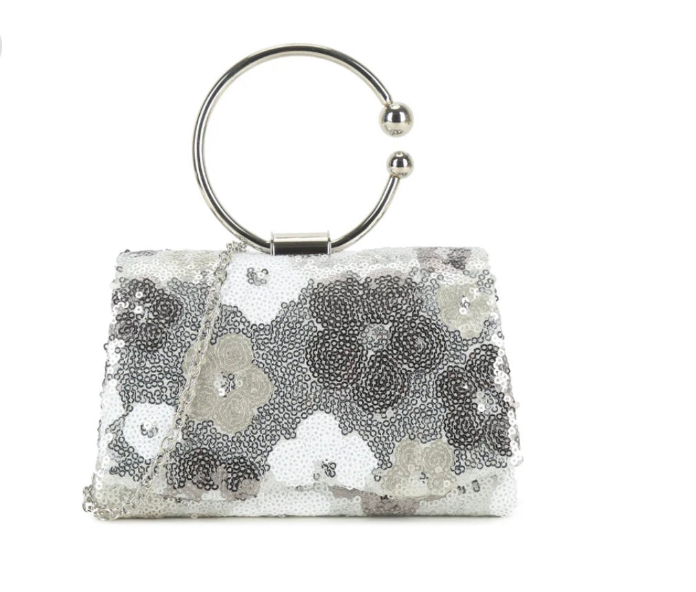 Silver Floral Sequin Handbag