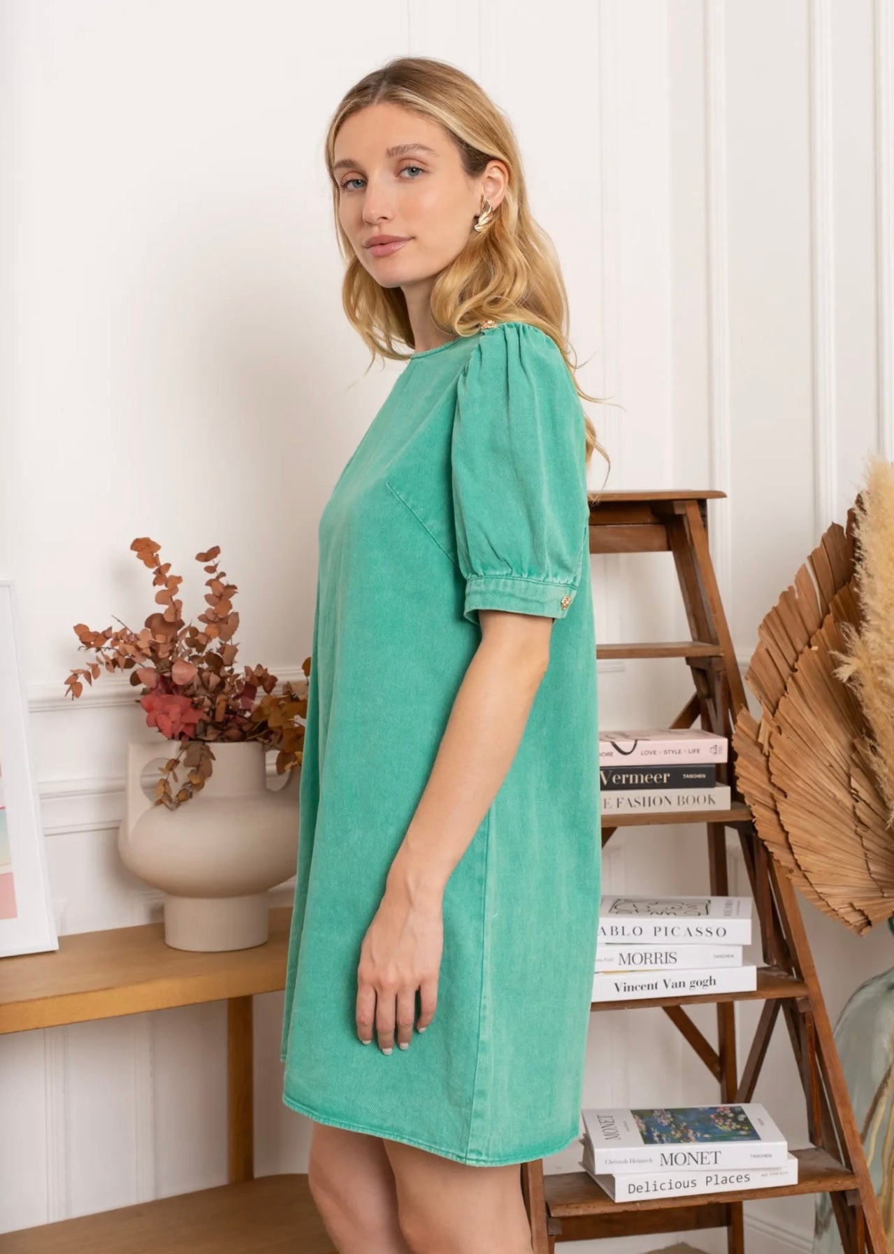 Green Denim Dress With Gold Button Detail