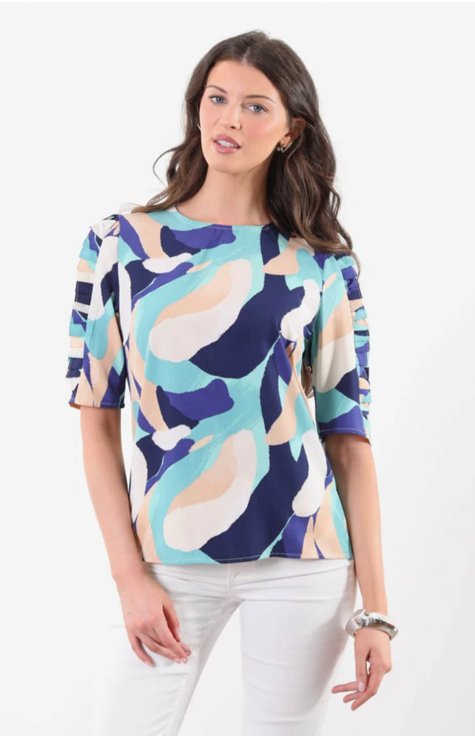 Leah Navy & Mint Half Sleeve Top with Frill Trim