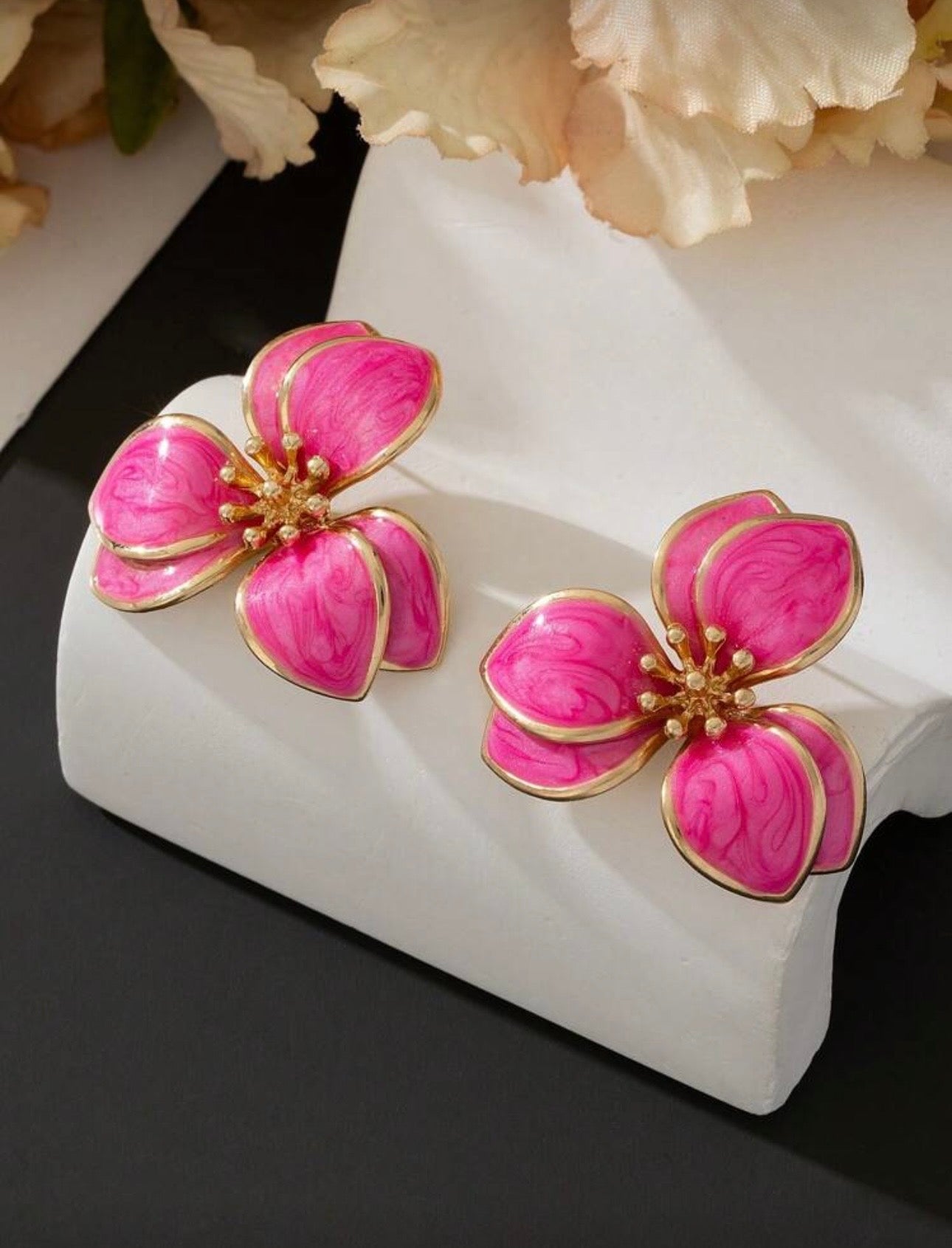 Fushia Pink & Gold Floral Earrings