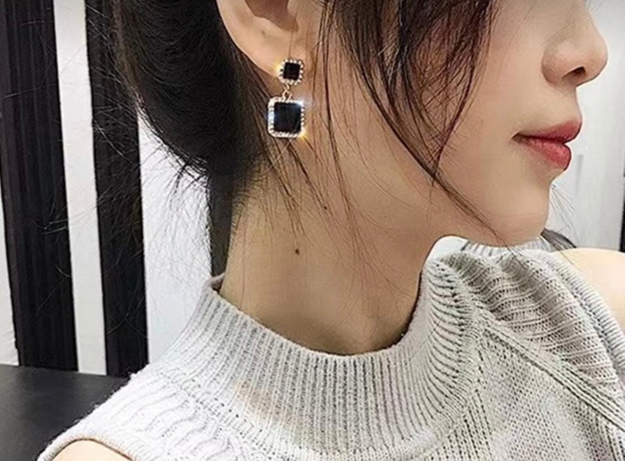 Black Diamanté Square Earrings