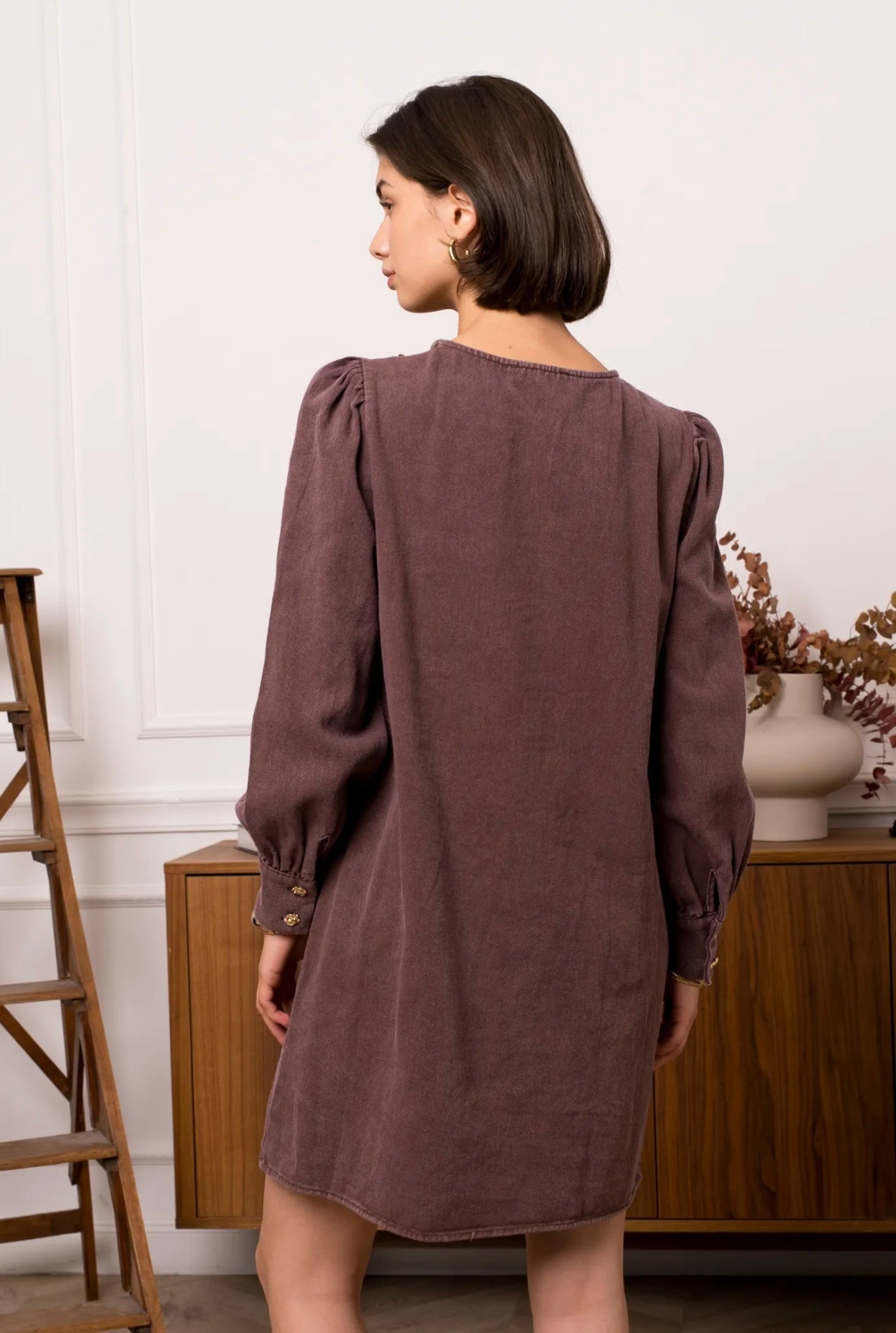 Chocolate Denim Dress With Gold Button Detail