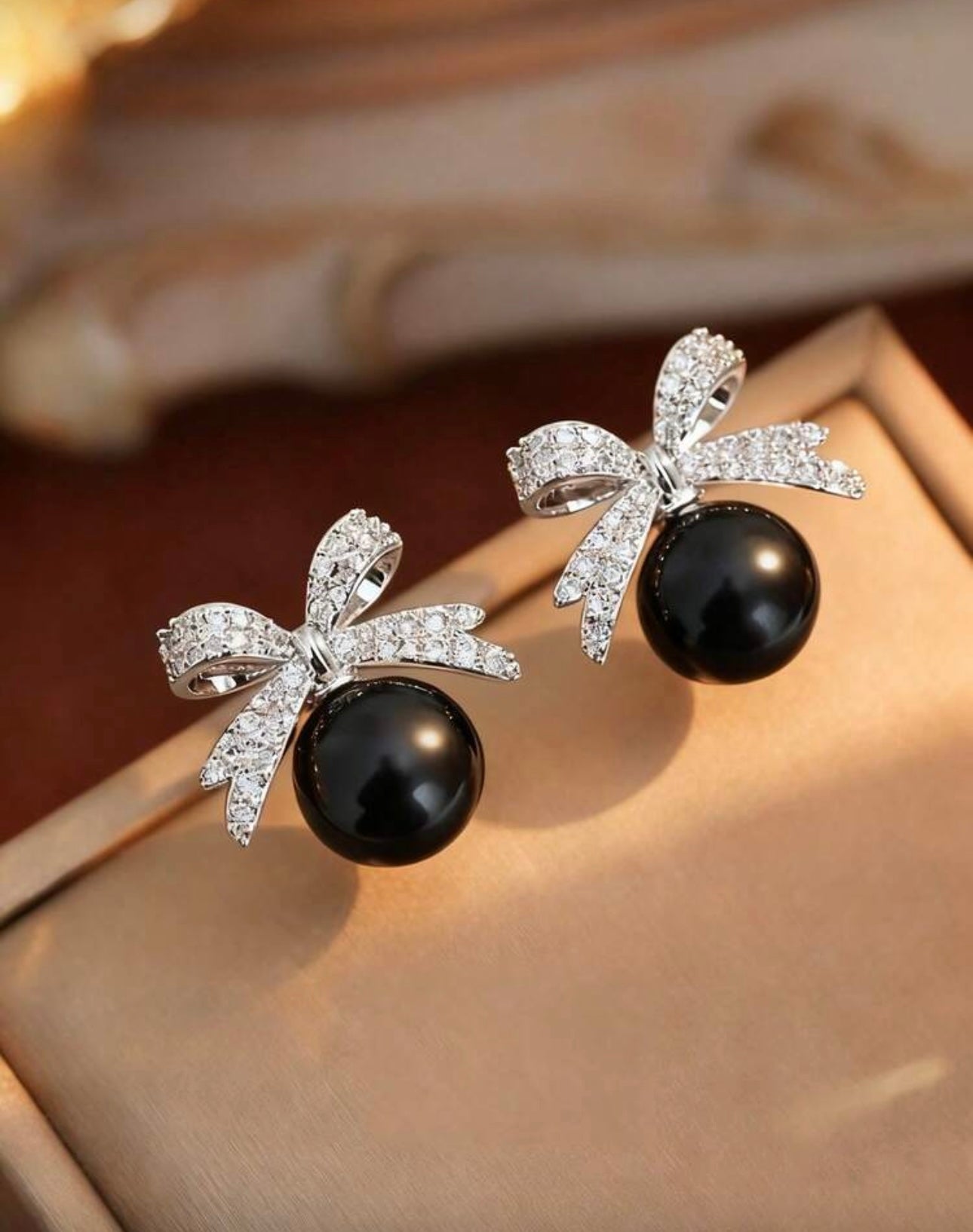 Silver & Black Diamanté Bow Earrings