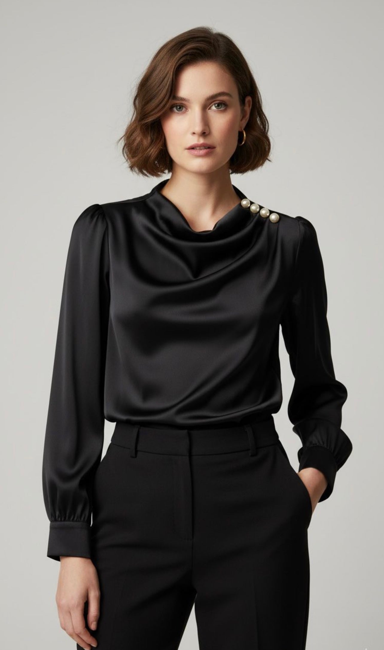 Black Satin Pearl Neck Blouse