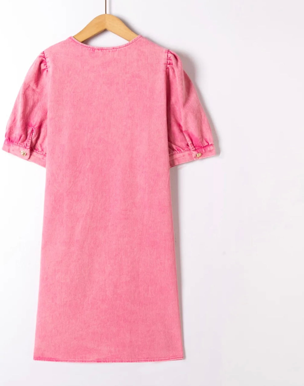 Fushia Denim Dress With Gold Button Detail