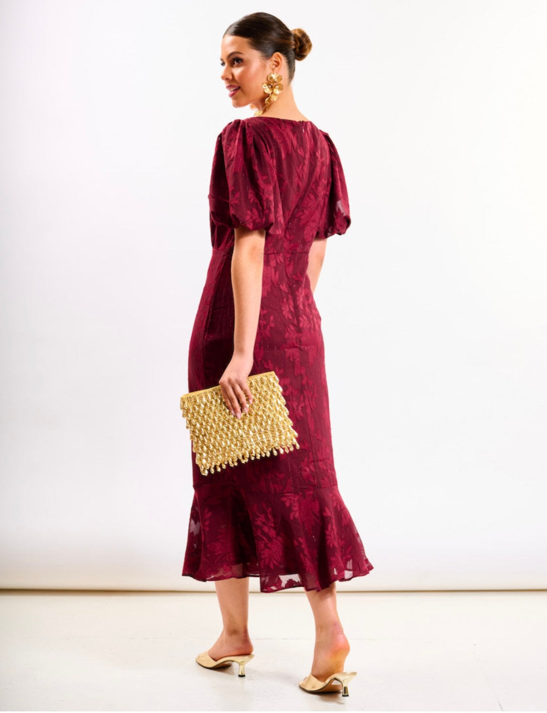 Burgundy Shimmer Puff Sleeve Midi Dress