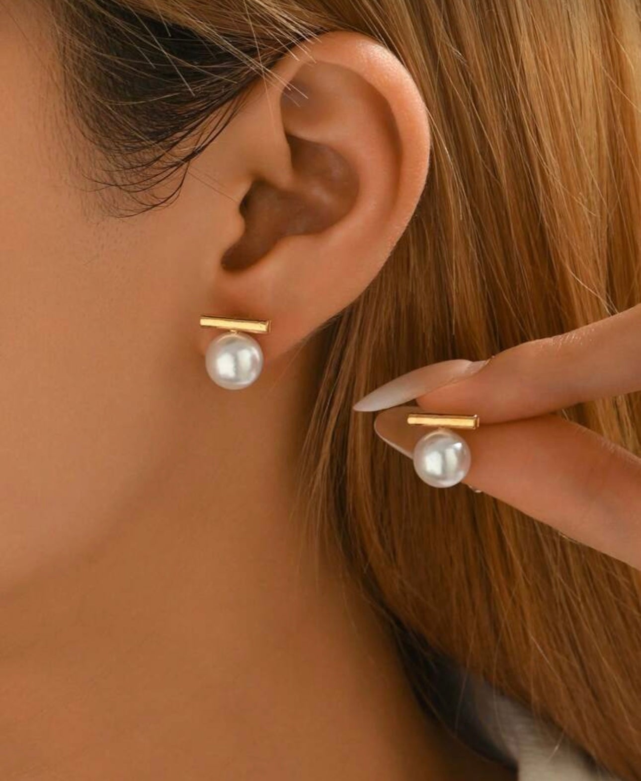 Gold Pearl T-Bar Earrings