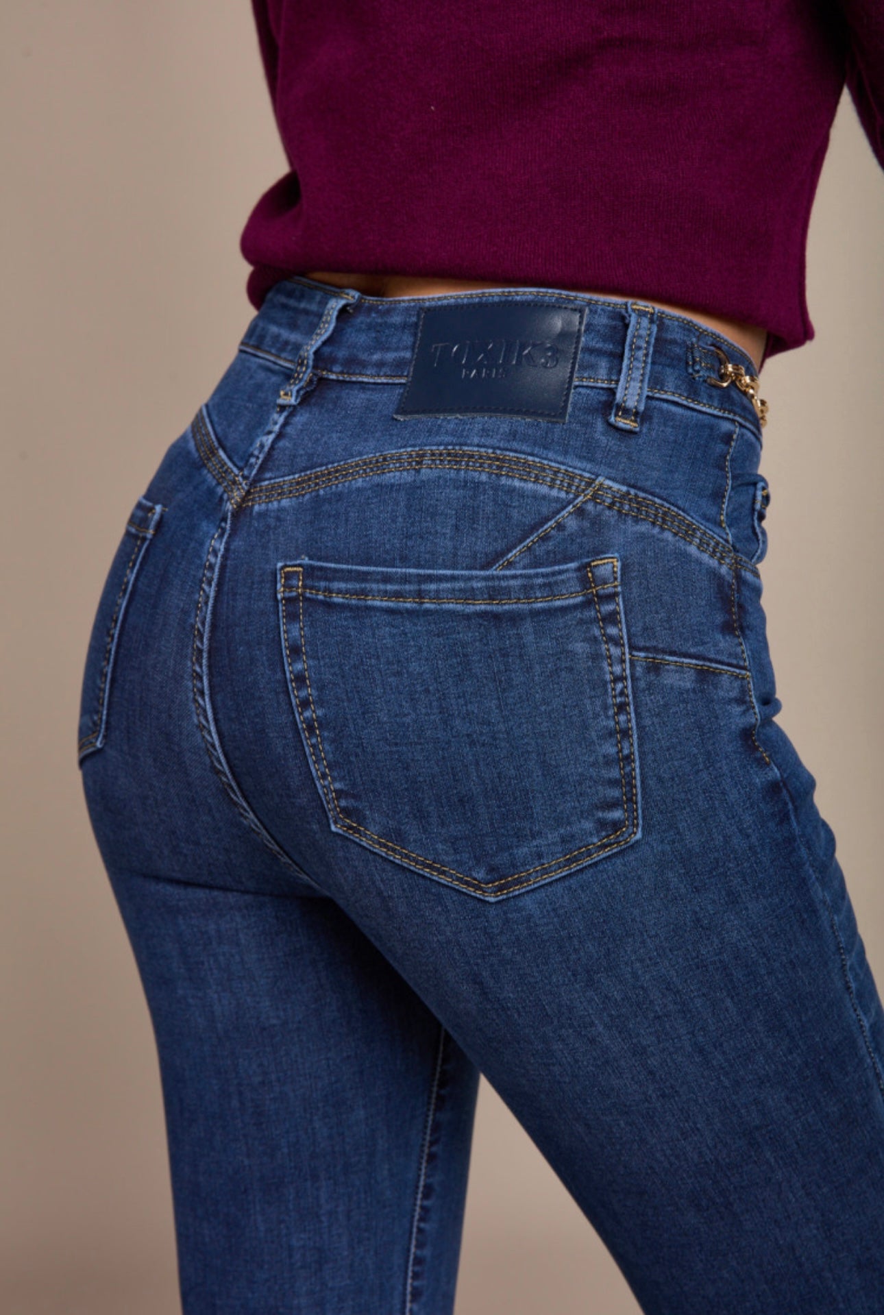 Tia Toxik Gold Buckle Detail Push Up Mid Wash Jeans