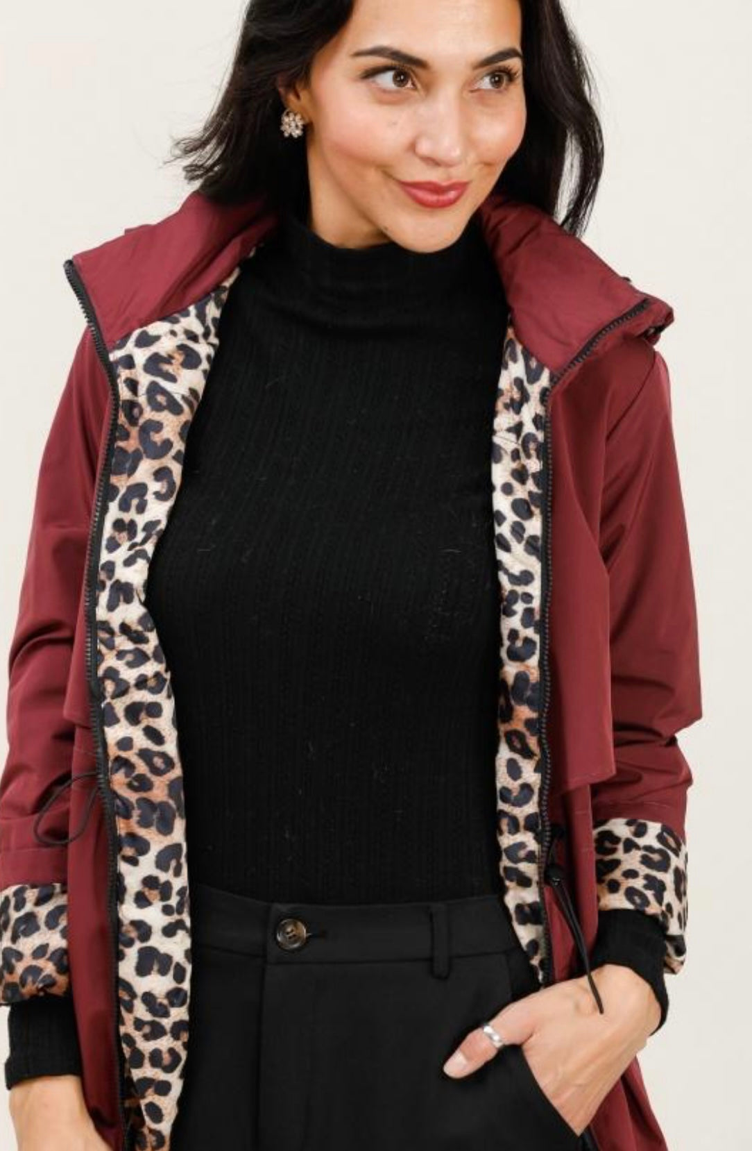 Burgundy Leopard Print Waterproof Coat