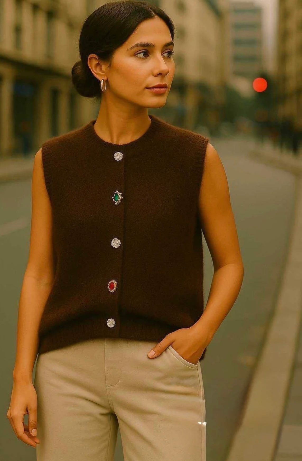 Brown Waistcoat With Vintage Embellished Buttons
