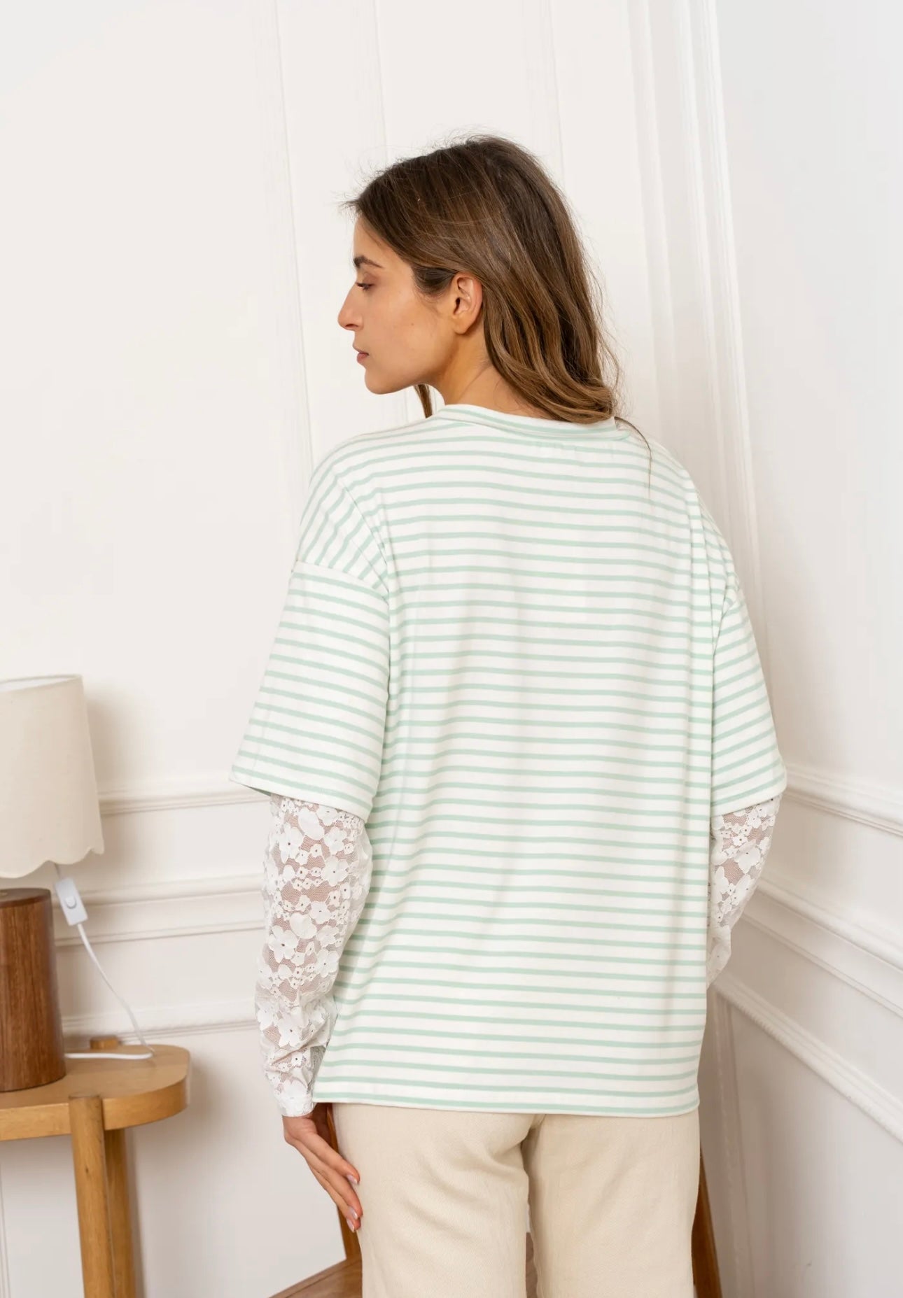 Lila Sage Green Striped Lace Detail Top